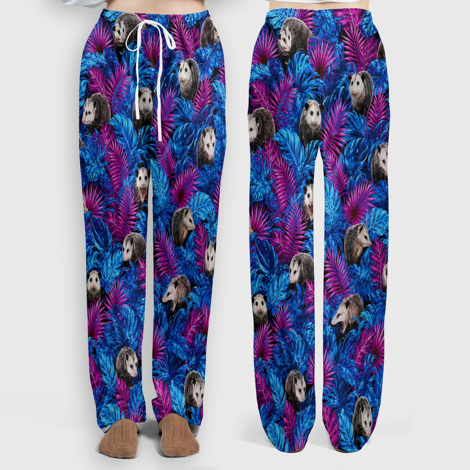 Cute Opossum Tropical Print Scrub Set, Scrub Pants and V Neck Top