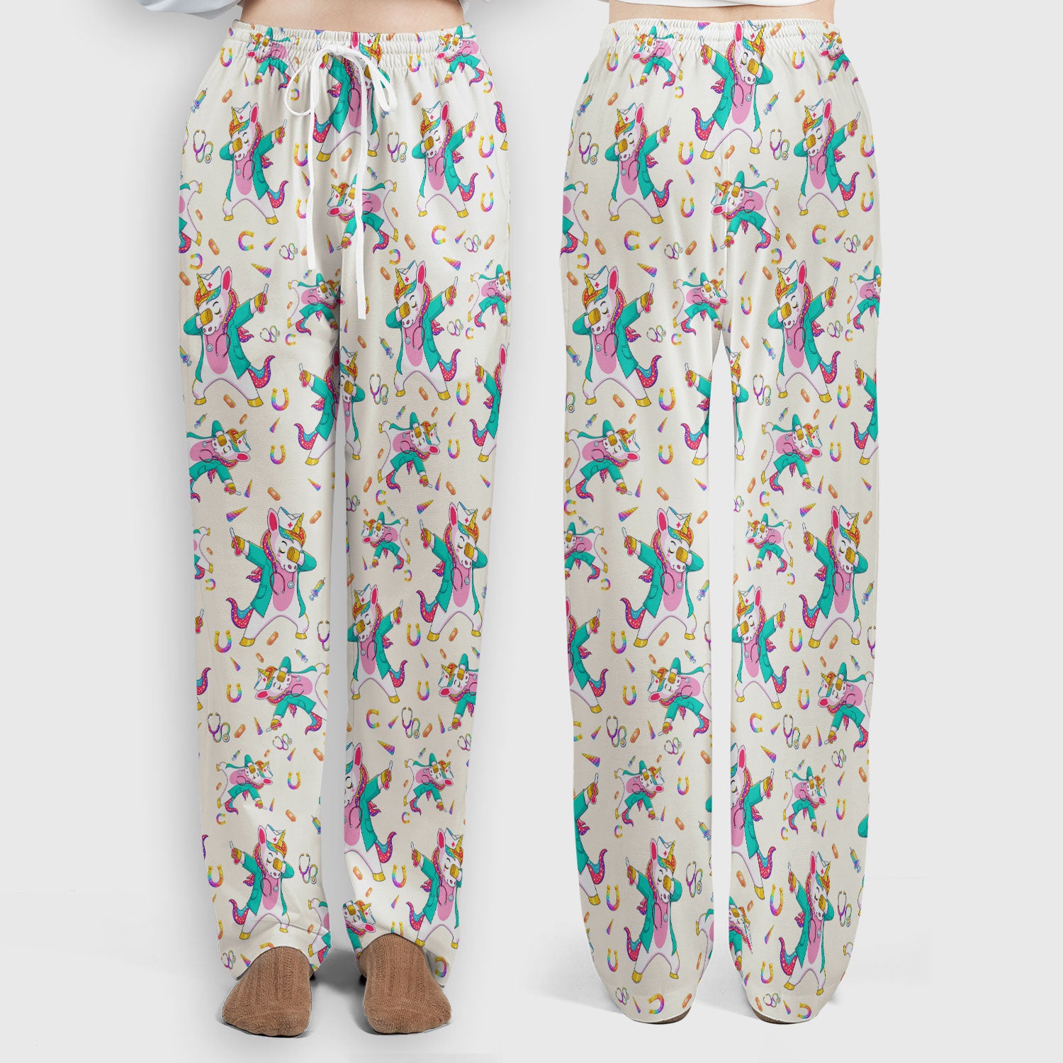 Cute Unicorn Nurse Dance Pattern Women's Sets, Scrub Pants and V Neck Top
