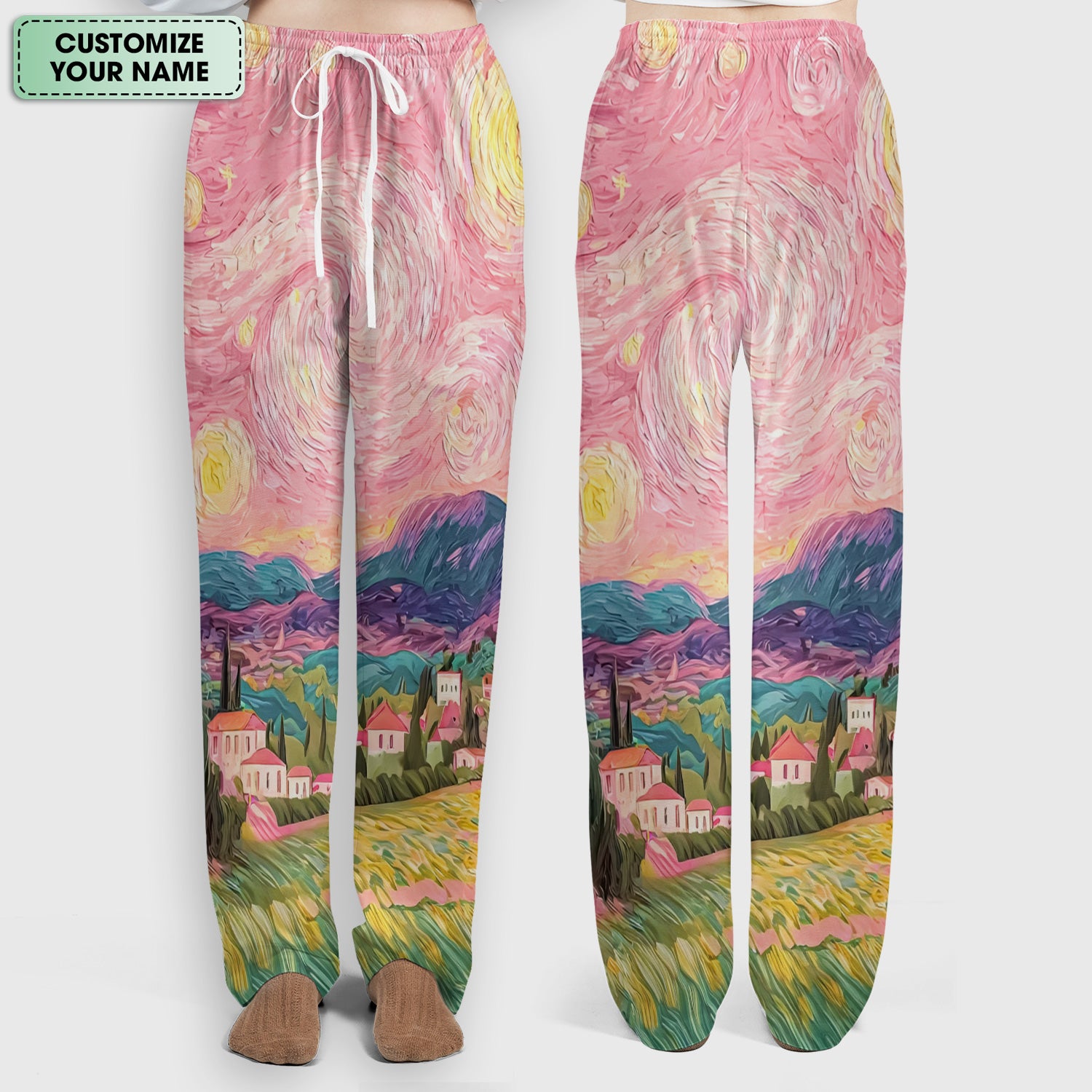 Personalized Cat Couple Sunset Swirl Sky Landscape Pattern Scrub Set, Scrub Pants and V Neck Top