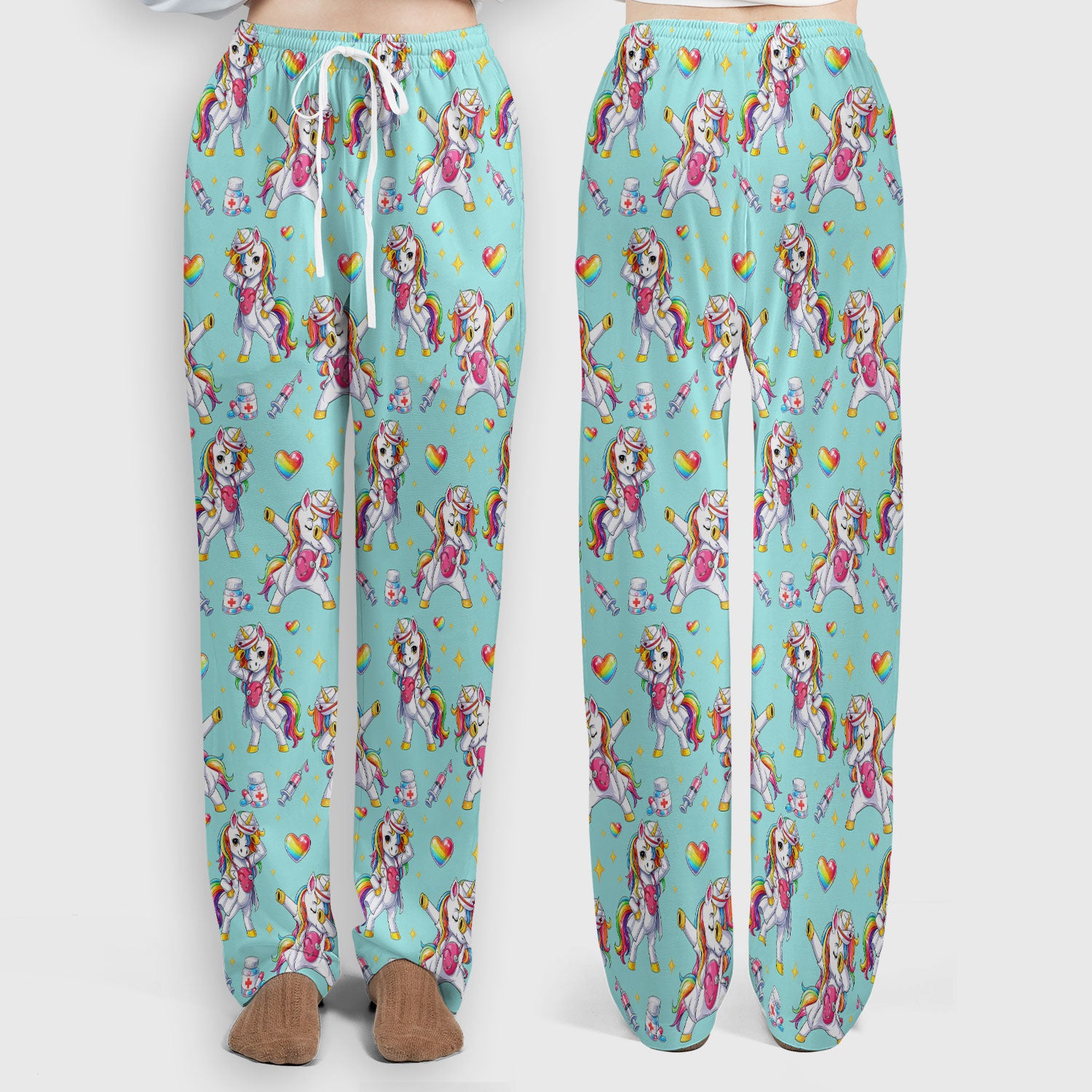 Playful Nurse Unicorn Rainbow Pattern Scrub Set, Breathable Med Uniform