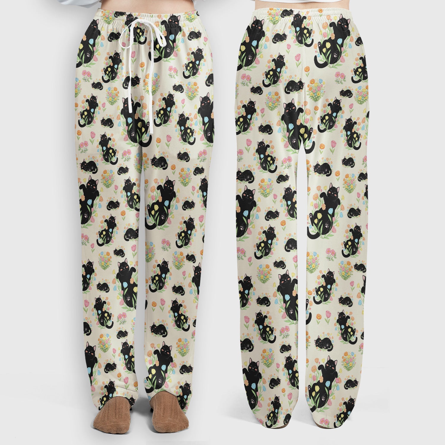 Cats With Cute Poses Floral Pattern Scrubs Sets, Scrub Pants and V Neck Top
