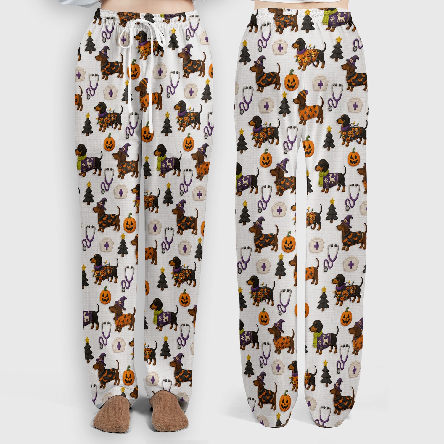 Halloween Dachshund with Pumpkin Stethoscope Print Scrub Set, Scrub Pants and V Neck Top