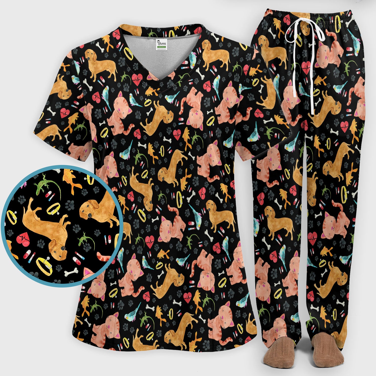 Cat Dog Veterinary Scrub Set - Cute Animal Paw Print Medical Pants and V Neck Top for Women RN CNA Vet Tech