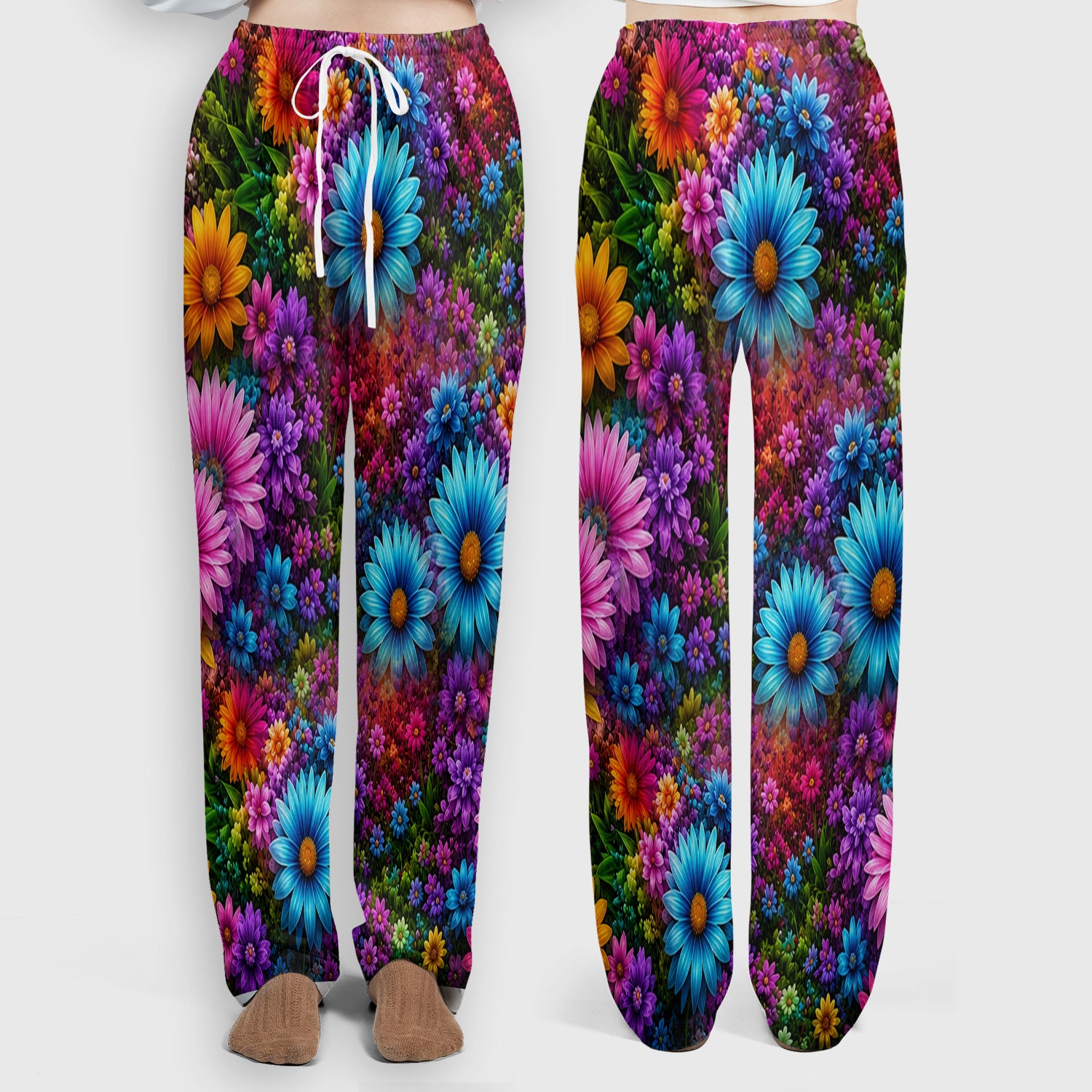 Cute Highland Cow Rainbow Floral Pattern Scrub Set, Scrub Pants and V Neck Top