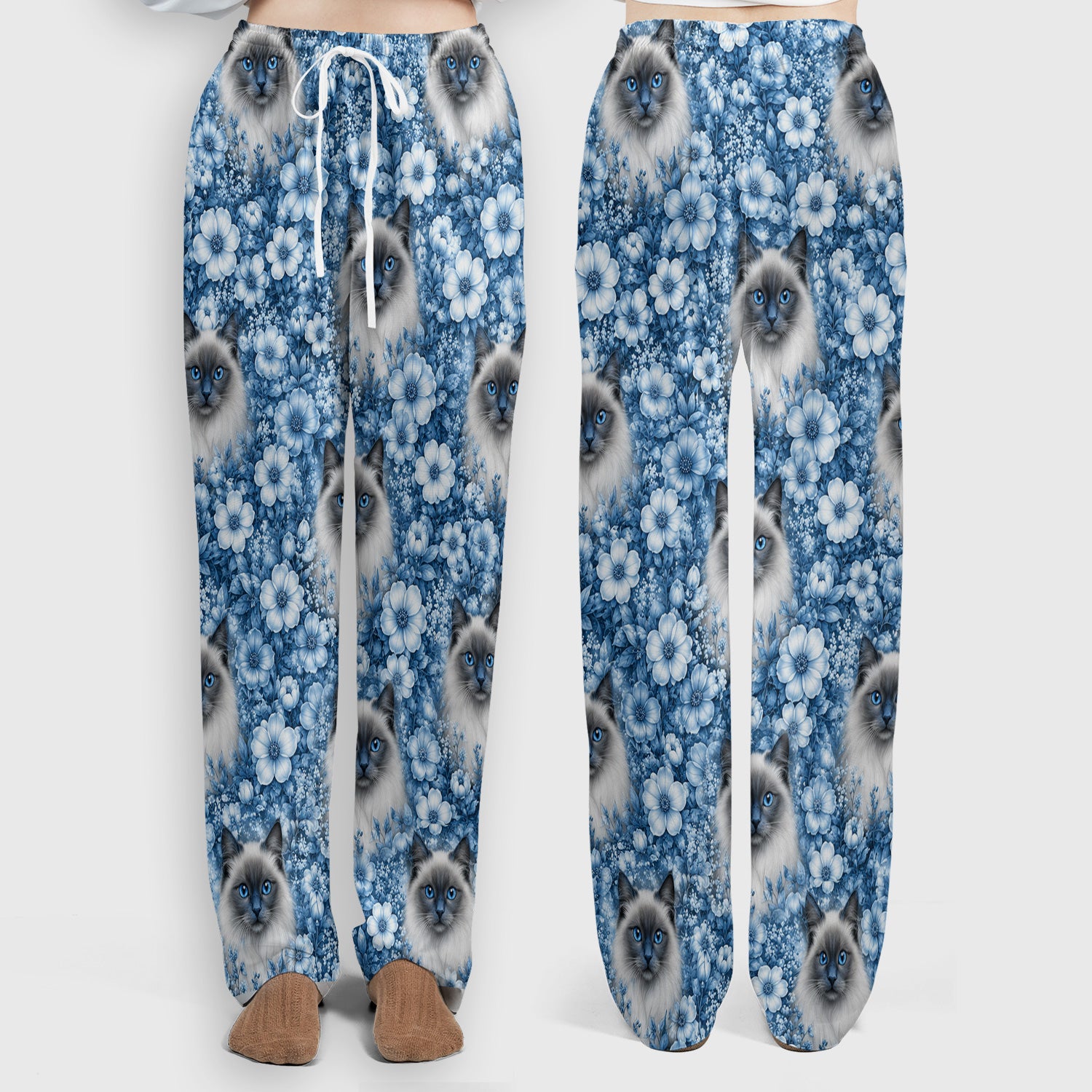 Blue Floral Ragdoll Cat Pattern Scrub Set, Scrub Pants and V Neck Top