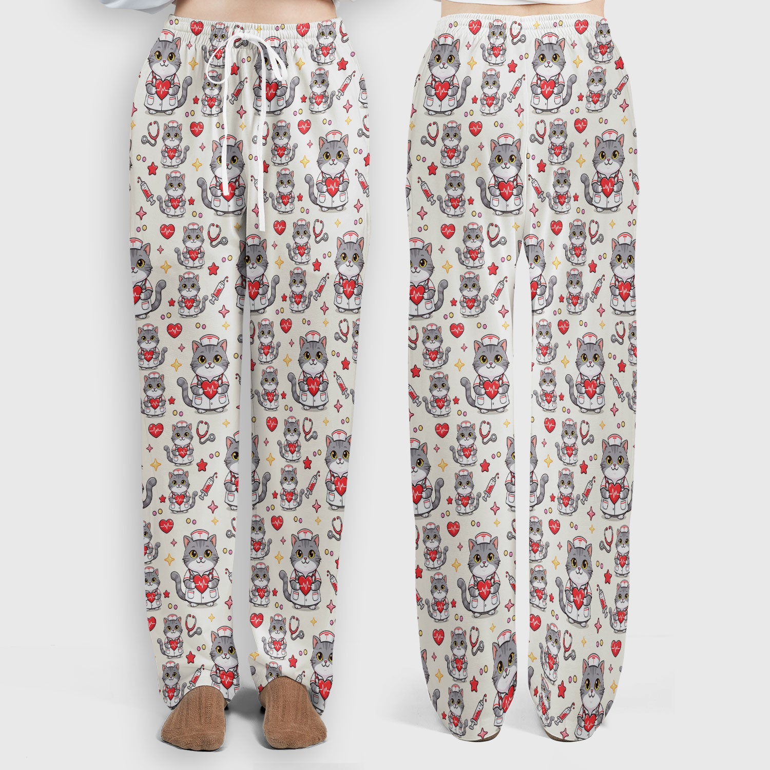 Cute Nurse Cat Heart Medical Print Scrub Set, Scrub Pants and V Neck Top