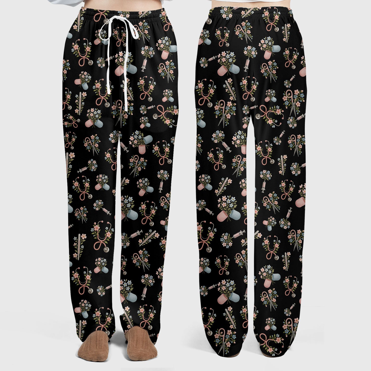 Floral Medical Scrub Set, Elegant Stethoscope With Flower Nursing Shirt, Breathable Fabrics Nurse Uniform