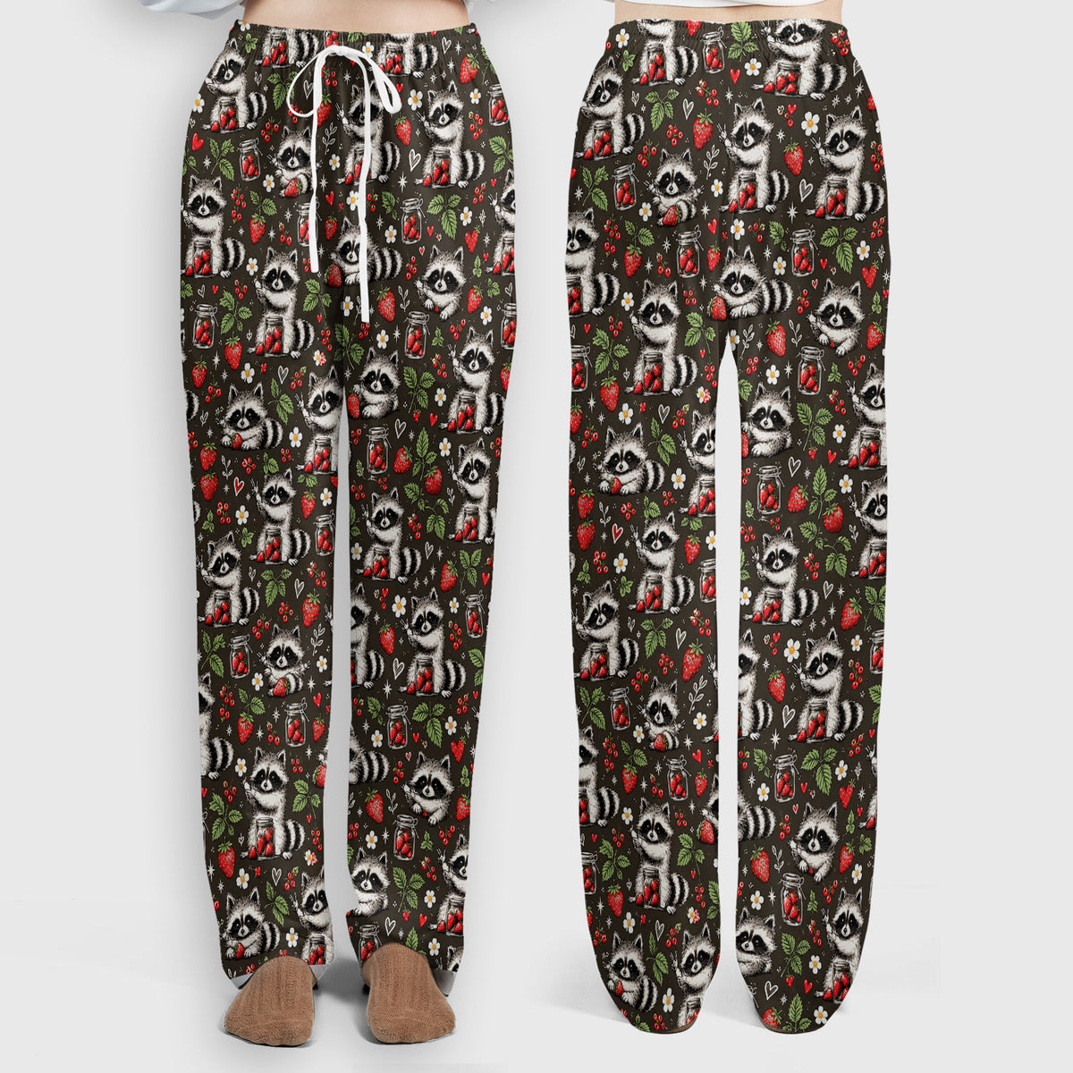 Cute Raccoons And Strawberries Pattern Scrub Set, Scrub Pants and V Neck Top