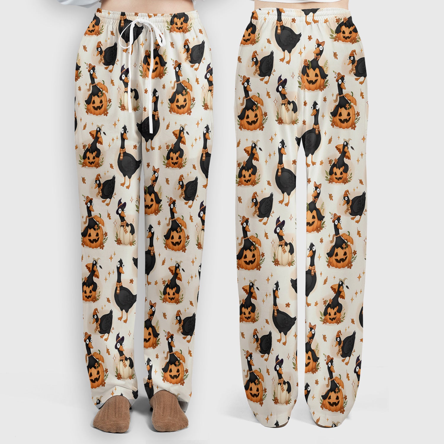 Pumpkin Black Goose Print Scrub Set, Scrub Pants and V Neck Top
