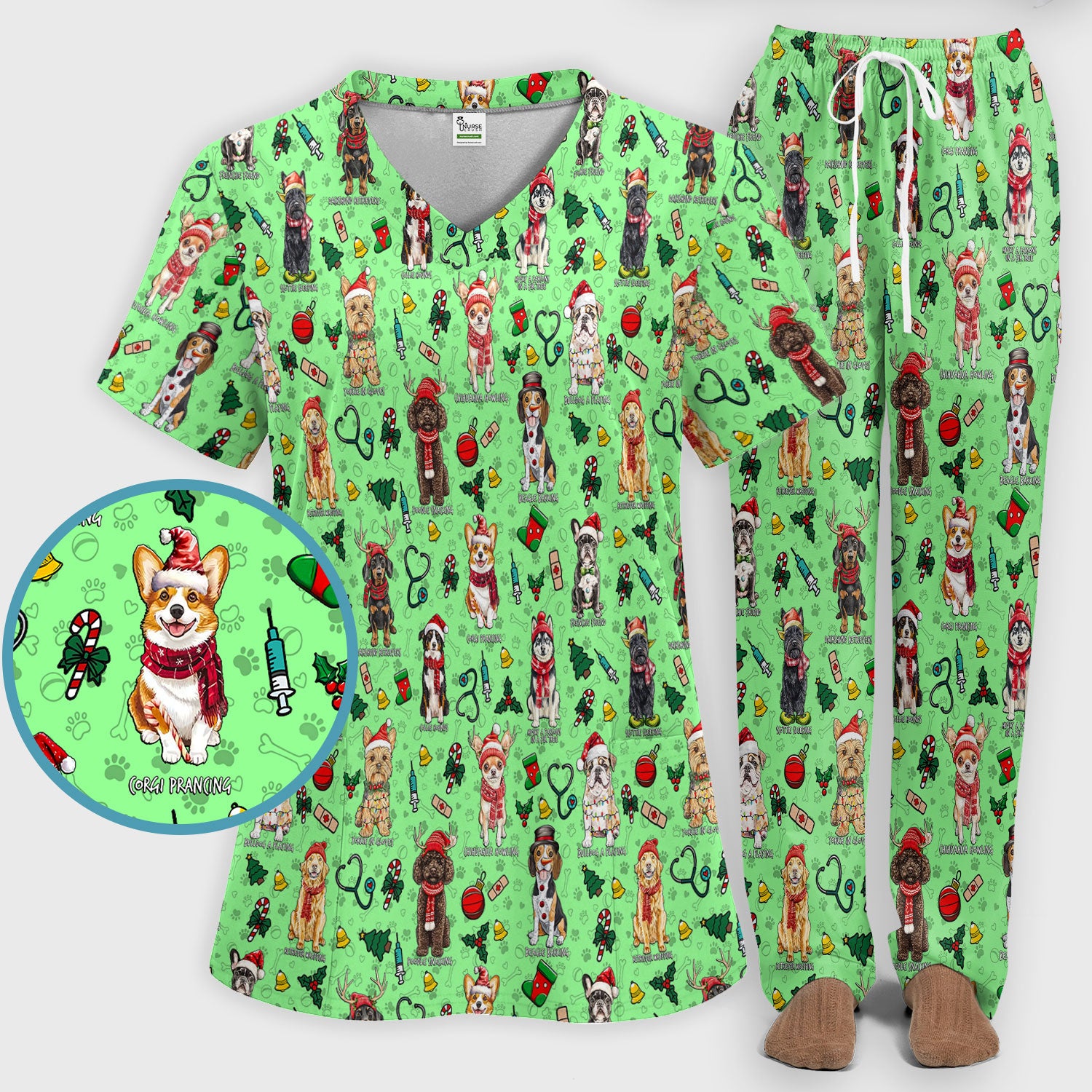 Cute Christmas Dog Scrubs Sets for Nurses - Corgi, Dachshund, Husky, Poodle & Labrador - Funny Holiday Medical Uniform for RN CNA LPN