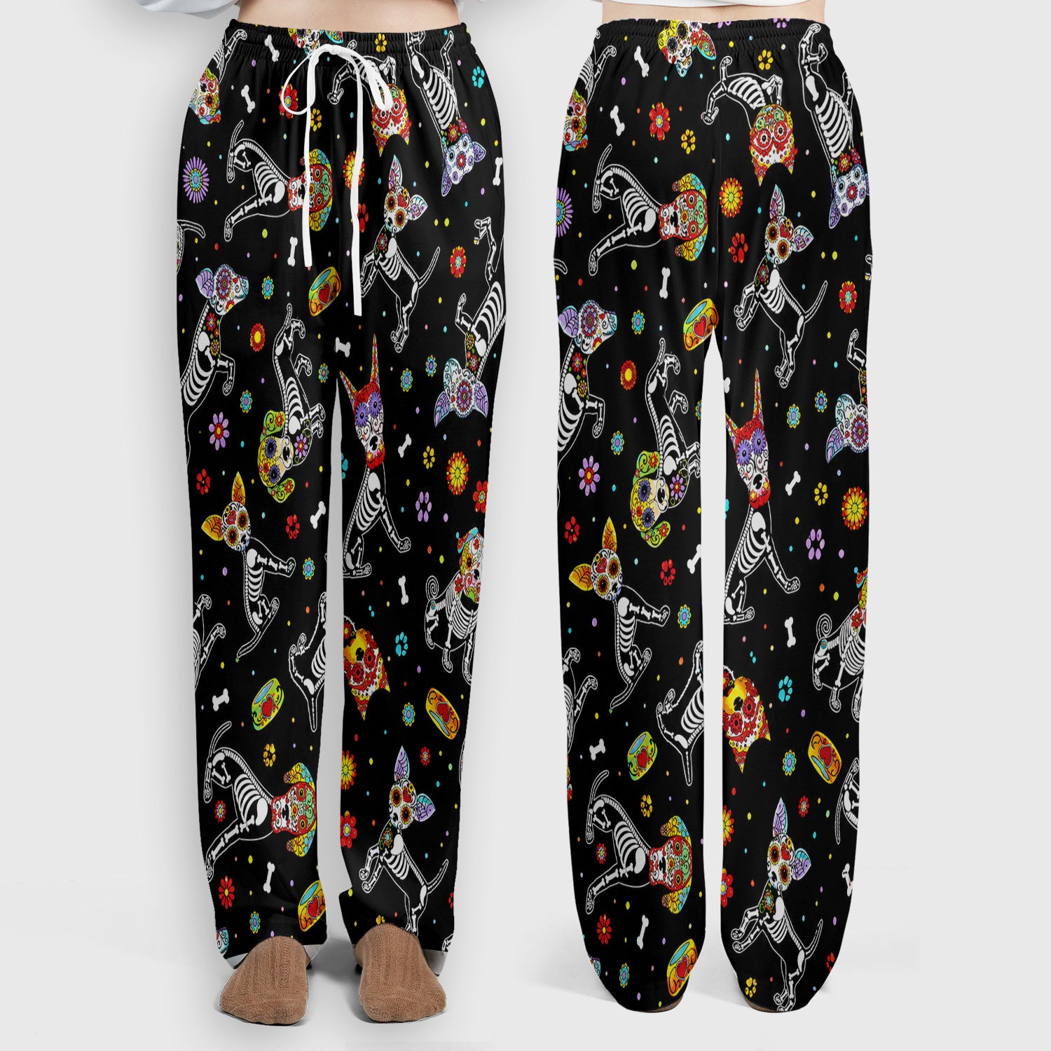 Colorful Day Of The Dead Dogs Scrub Set, Scrub Pants and V Neck Top