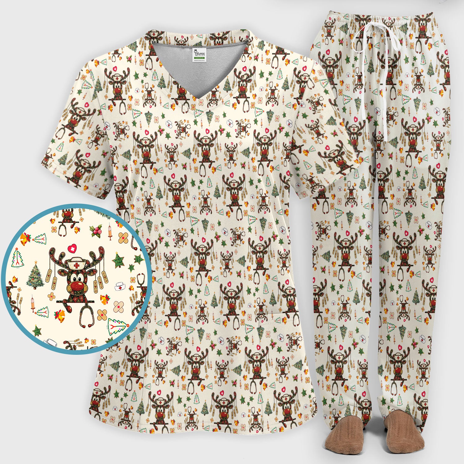 Reindeer Christmas Nurse Scrub Set - Funny Holiday Scrubs Pants and V Neck Top - Cute Medical Uniform for Women
