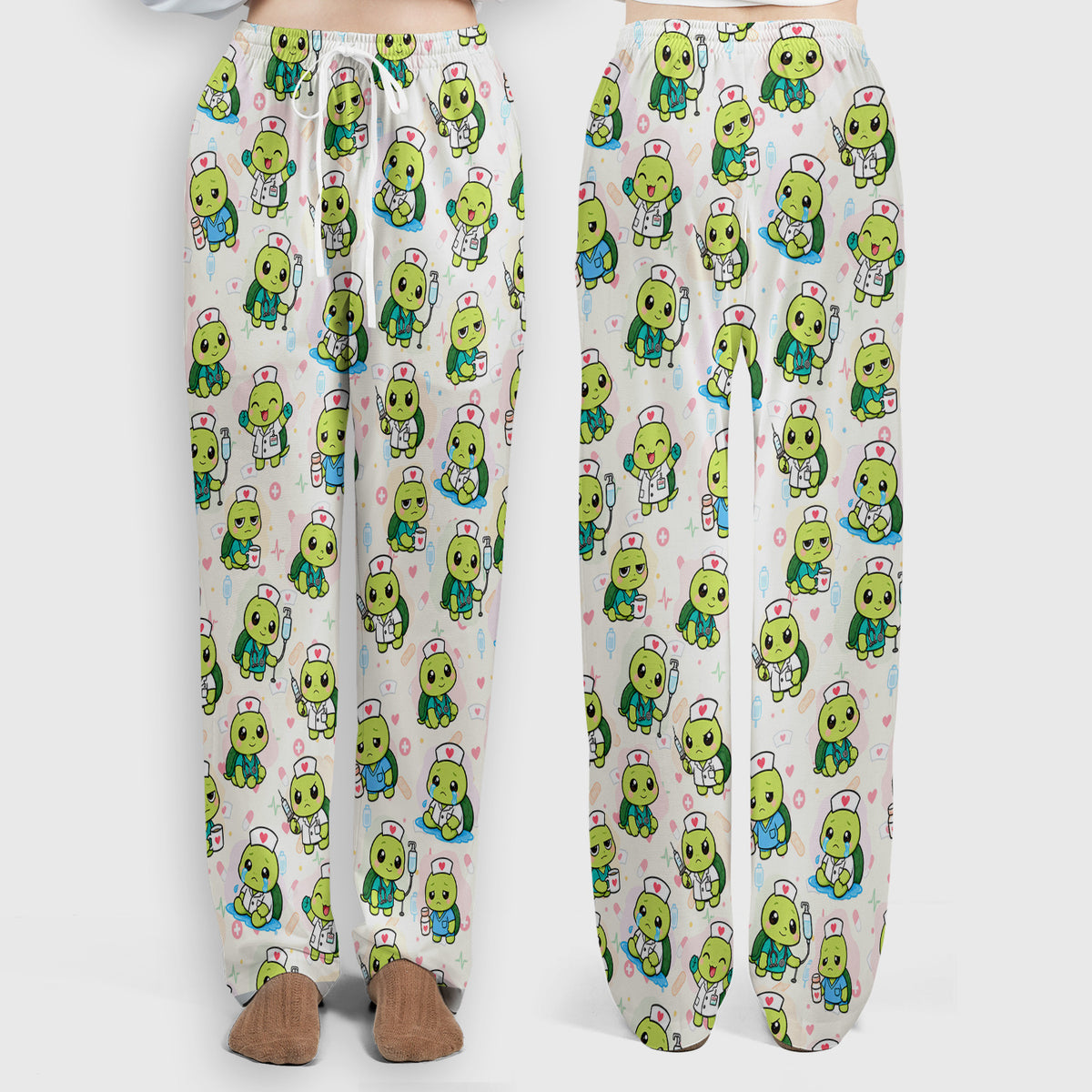 Cute Nurse Turtle Medical Icons Scrub Set, Scrub Pants and V Neck Top