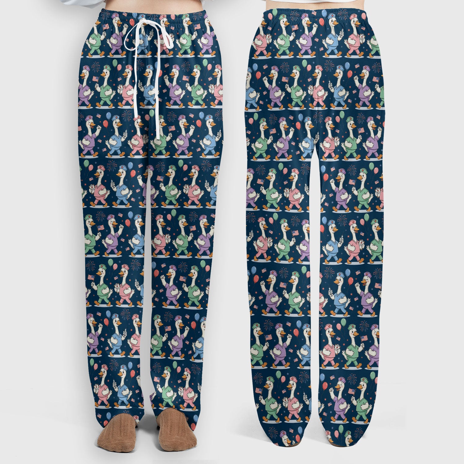 Cute Nurse Ducks Balloons Pattern Scrubs Sets, Scrub Pants and V Neck Top