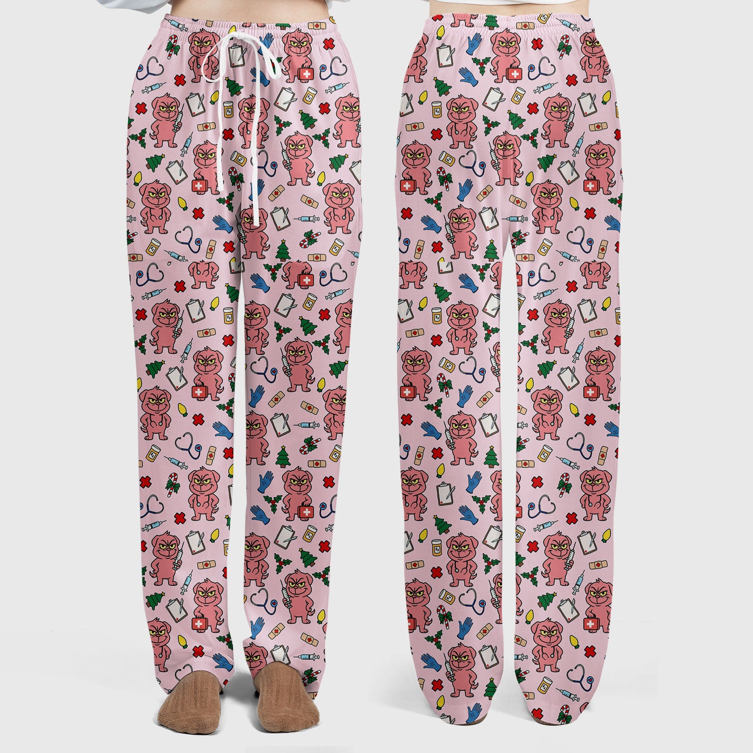 Christmas Scrub Set for Nurses - Funny Pink Dog Pattern - Holiday Nurse Scrubs with Tree, Bandage and Stethoscope Print