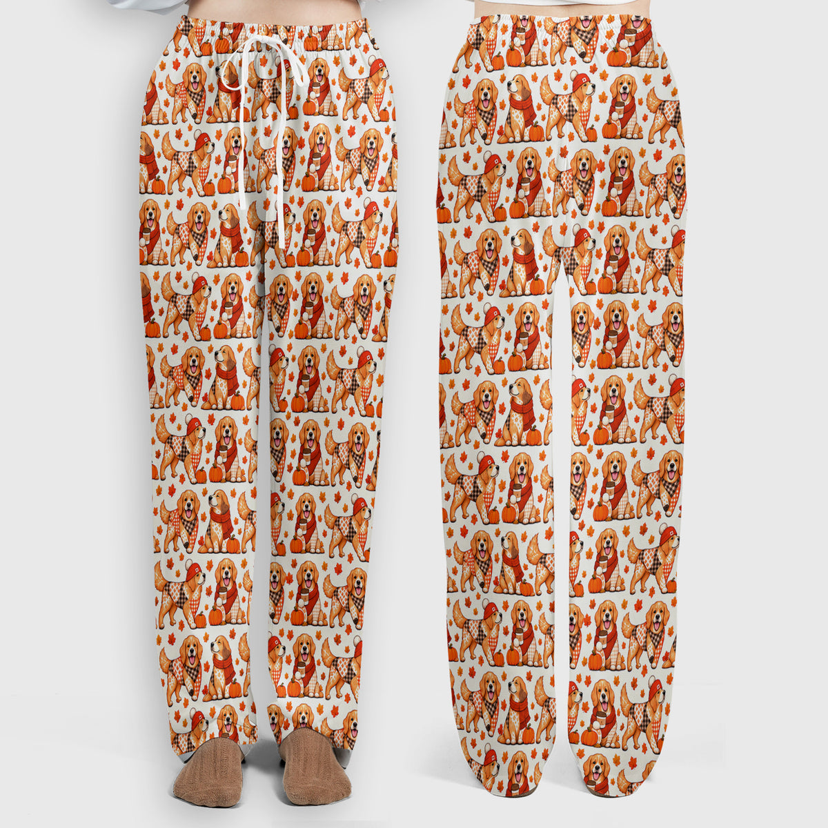 Fall Golden Retriever And Pumpkin Scrub Set, Scrub Pants and V Neck Top