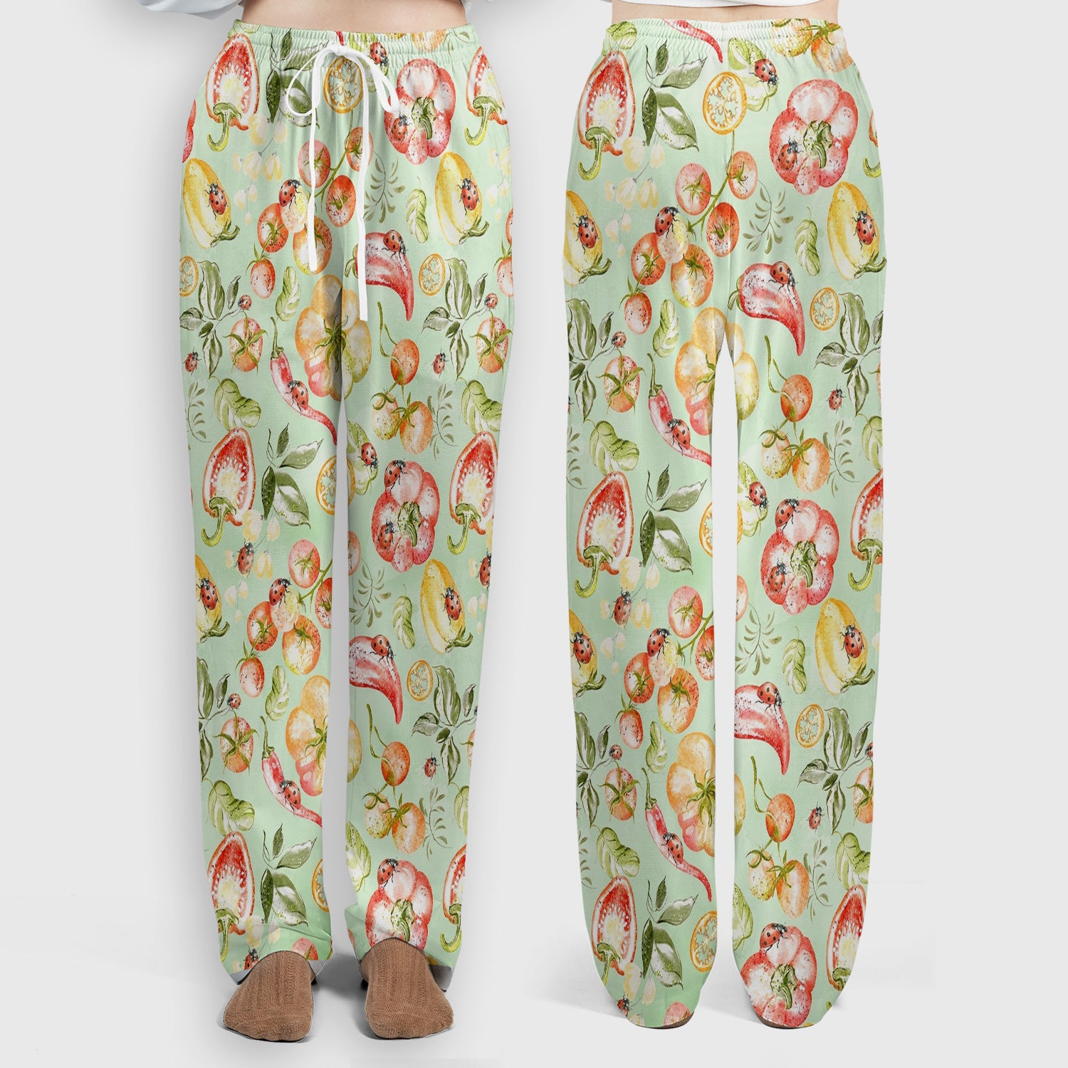 Cute Watercolor Veggie Ladybug Pattern Scrub Set, Scrub Pants and V Neck Top