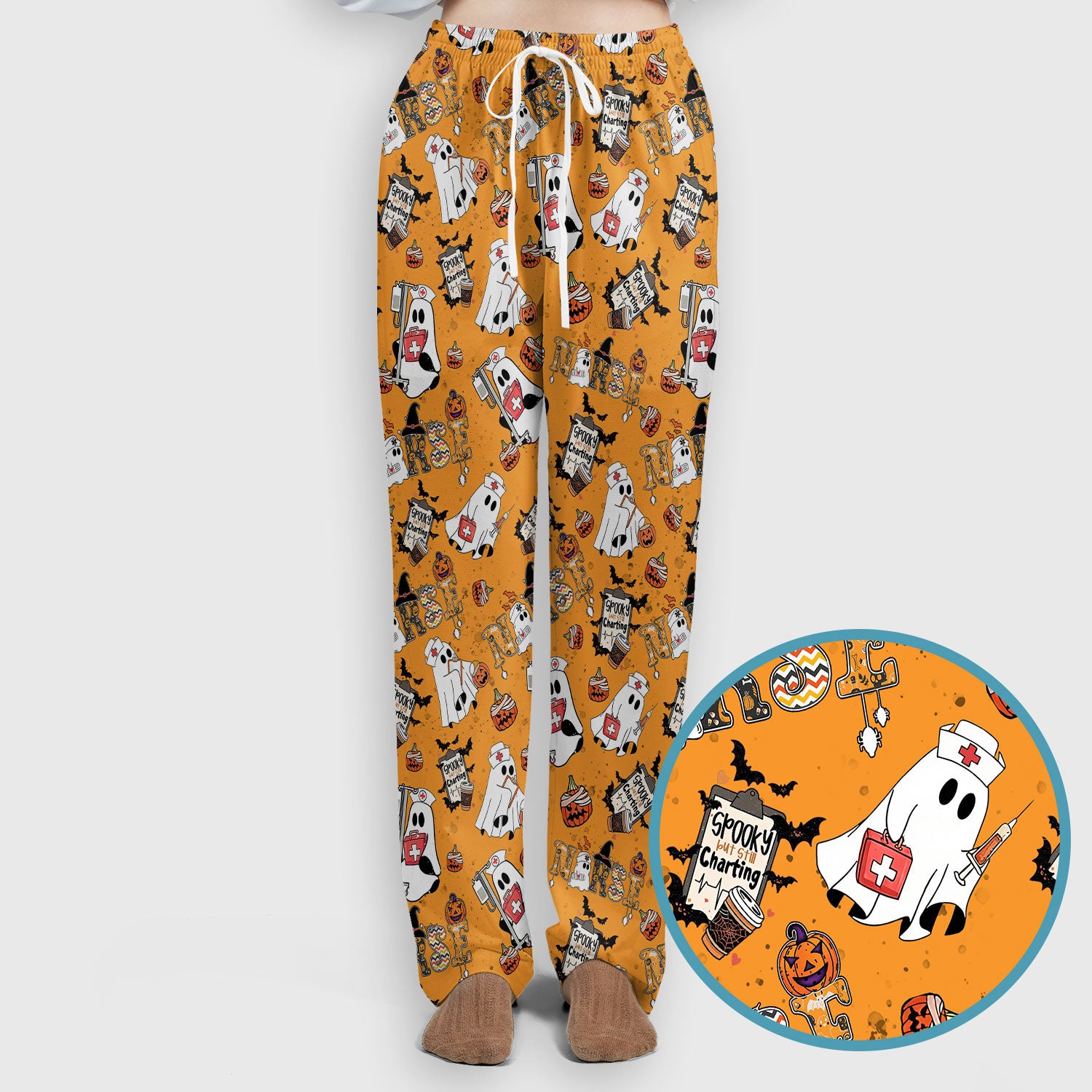 Halloween Women's Scrub Sets - Spooky But Still Charting Boo Nurse - Funny Scrub Pants and V Neck Top - Breathable Med Uniform