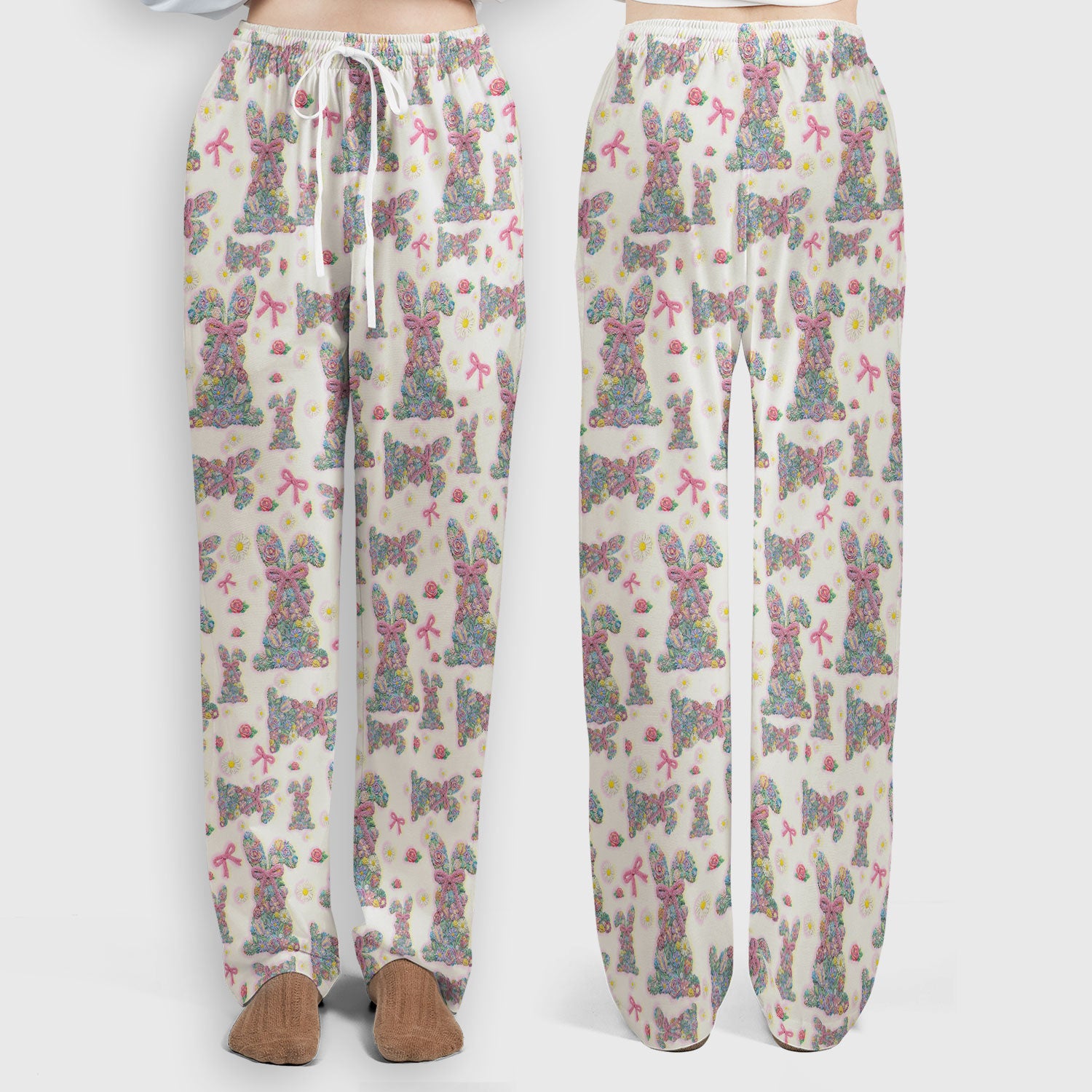 Colorful Floral Bunny with Pink Bow Pattern Scrub Set, Breathable Med Uniform
