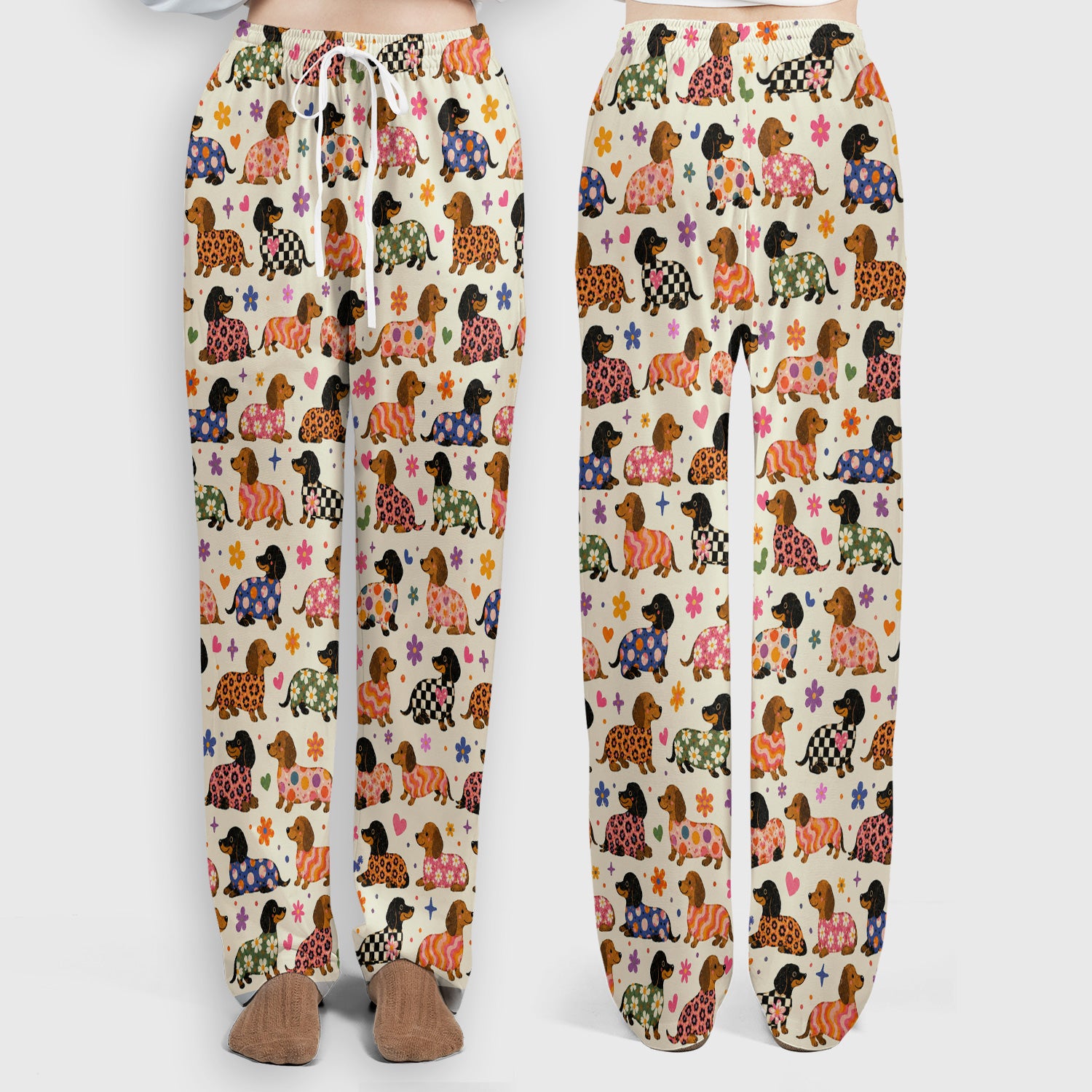 Floral Dachshund Print Scrub Set, Scrub Pants and V Neck Top