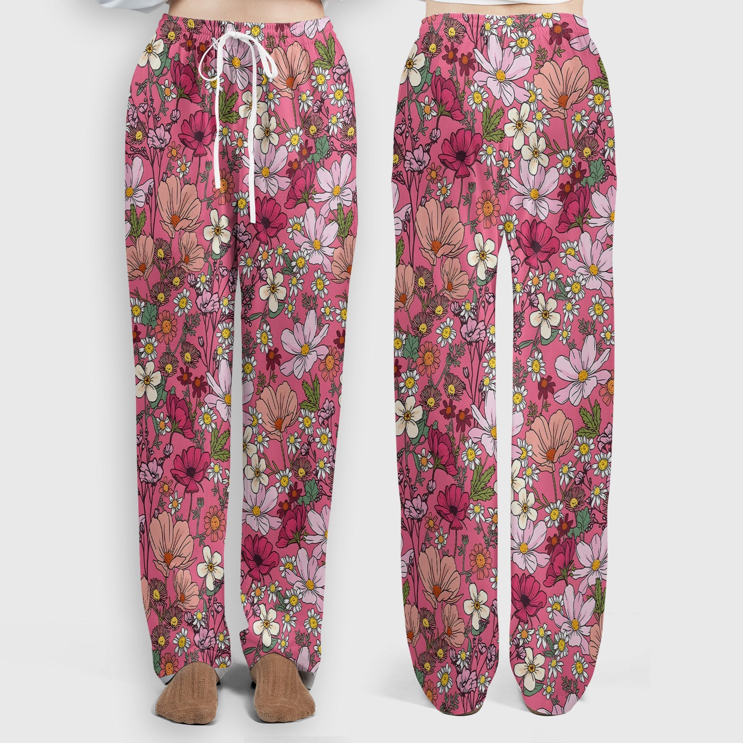 Pink Daisy Wildflower Nurse Pattern Scrub Set, Scrub Pants and V Neck Top