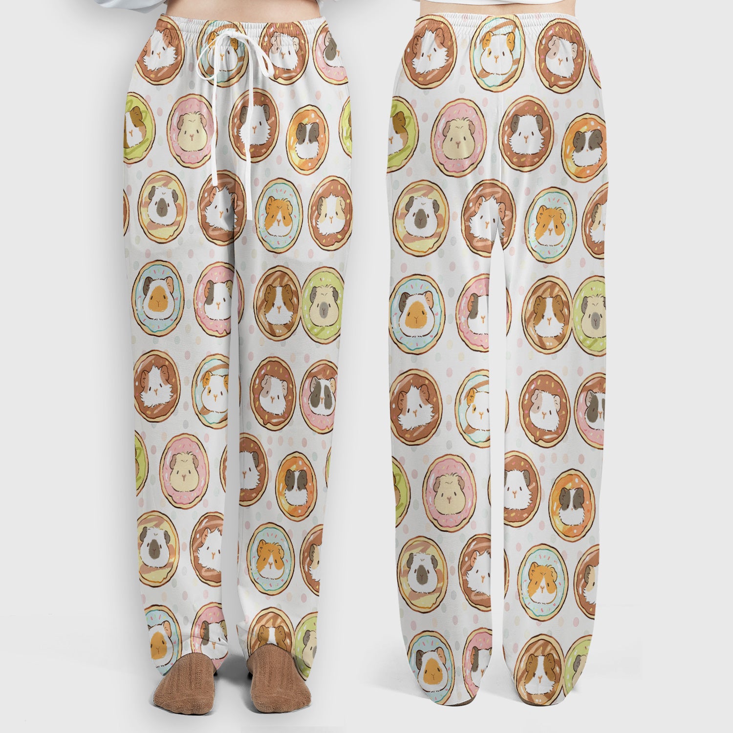Cute Guinea Pig Donut Circle Pattern Scrub Set, Scrub Pants and V Neck Top