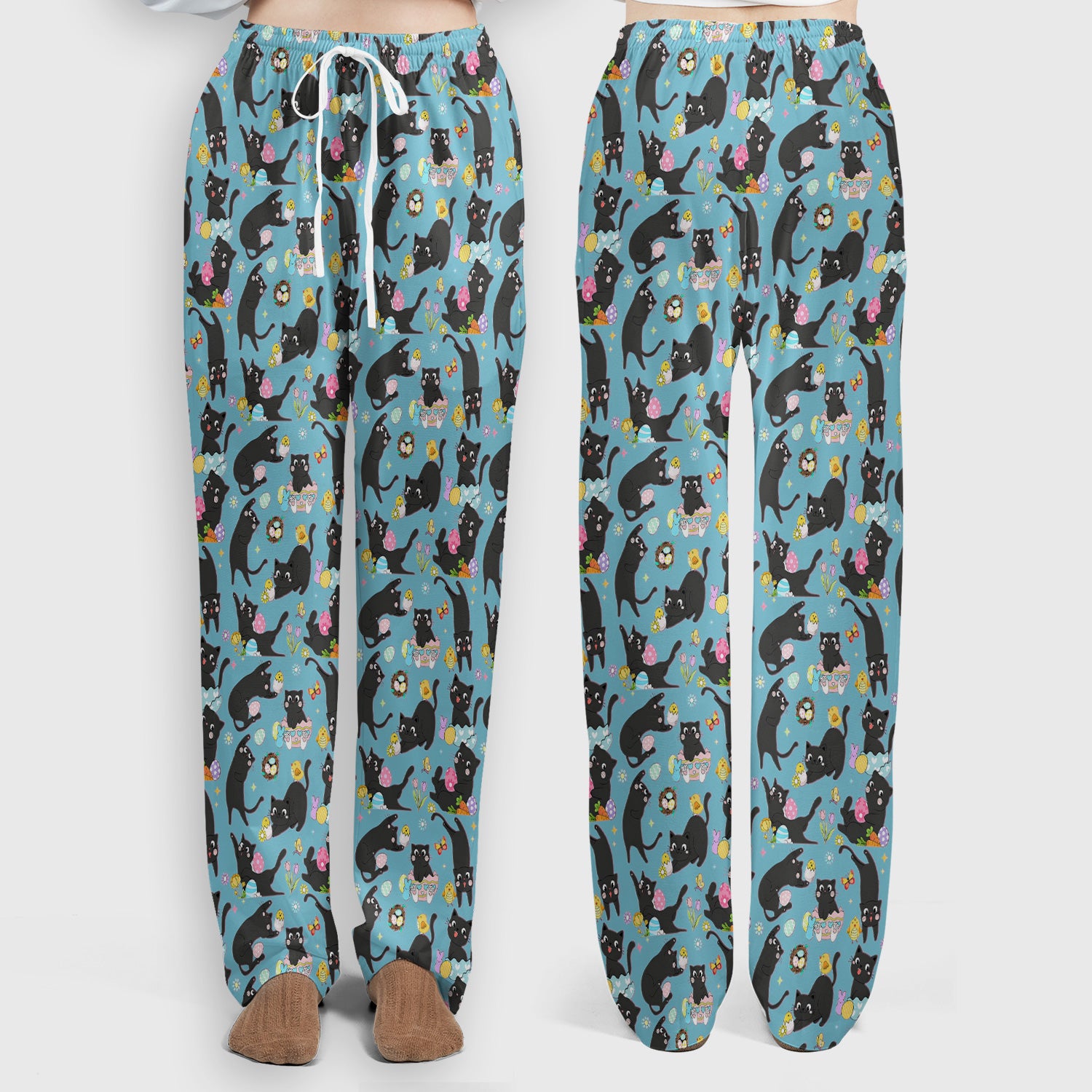 Playful Black Cat Easter Egg Pattern Scrub Set, Scrub Pants and V Neck Top