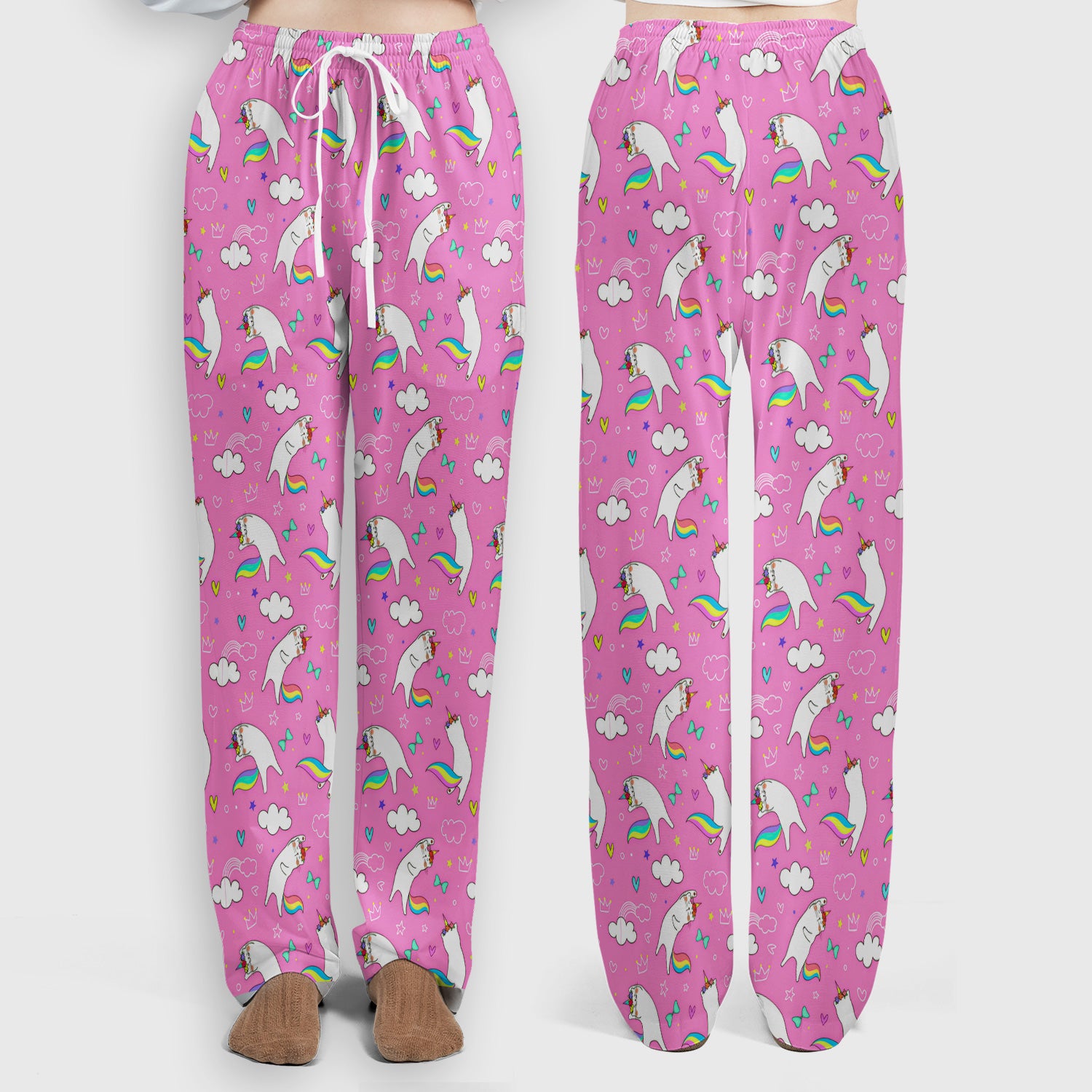 Unicorn Cat With Rainbow Tail Clouds Scrub Set, Scrub Pants and V Neck Top