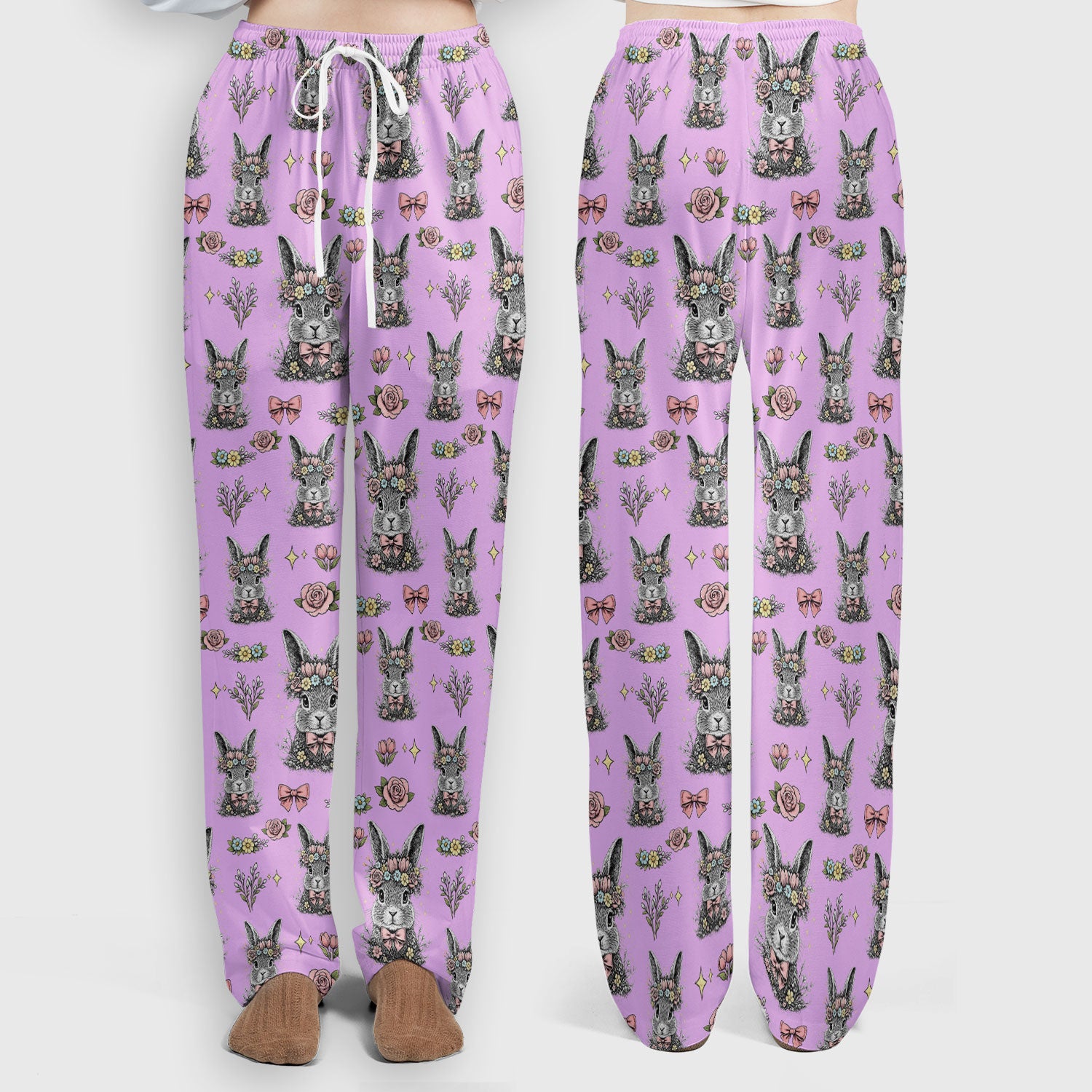 Vintage Floral Bunny Print Scrub Set, Scrub Pants and V Neck Top