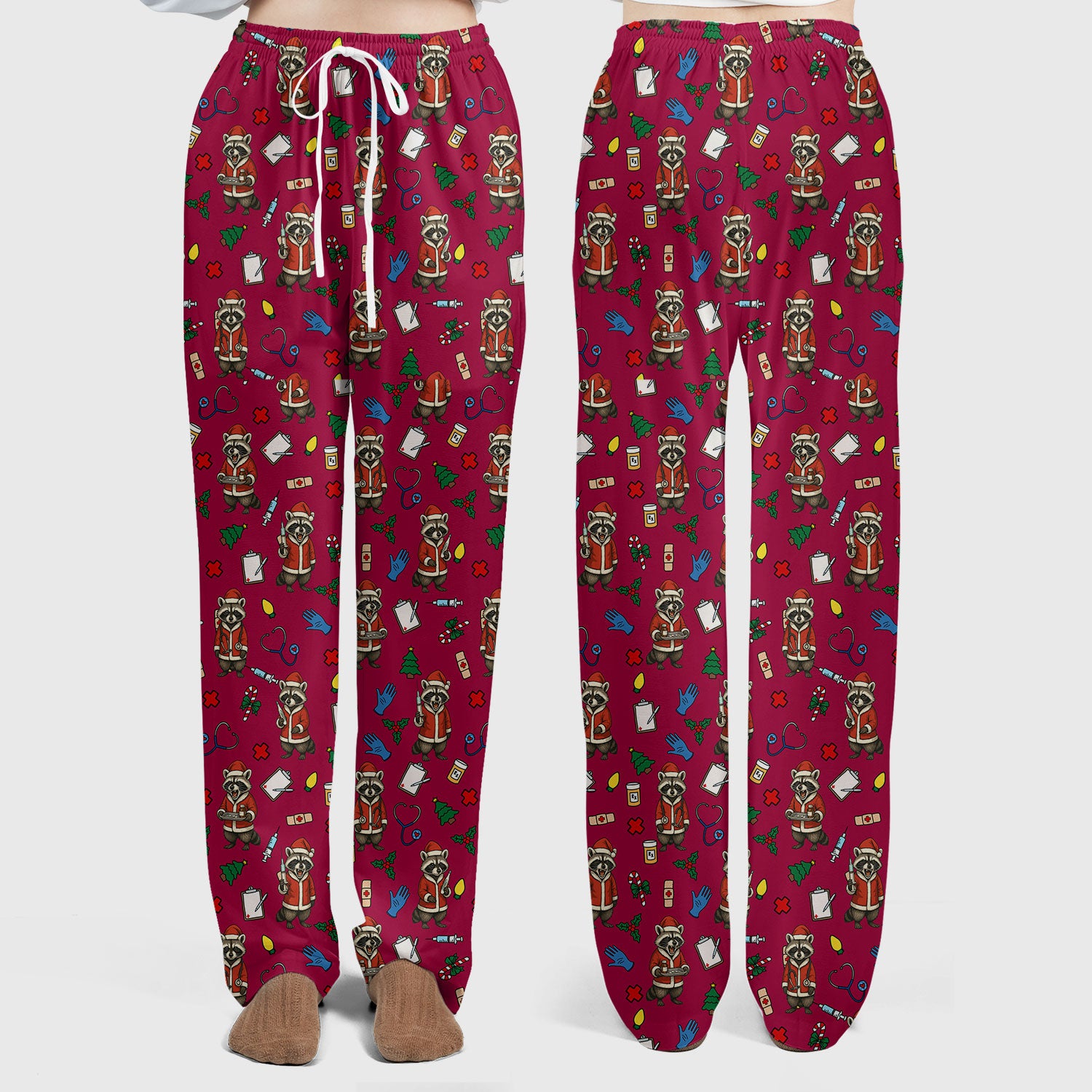 Christmas Raccoon Pattern Nurse Scrub Set - Funny Santa Medical Print Top and Pants - Holiday Gift for RN LPN CNA Women