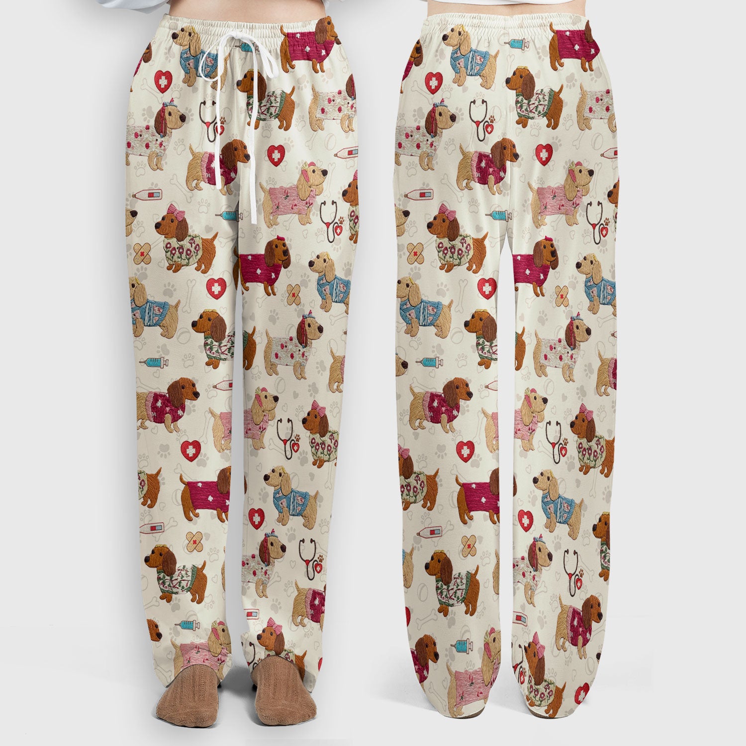Cute Medical Wiener Dog Pattern Nurse Shirt, Dachshund Nursing Scrub Set, Breathable Fabrics Nursing Uniform