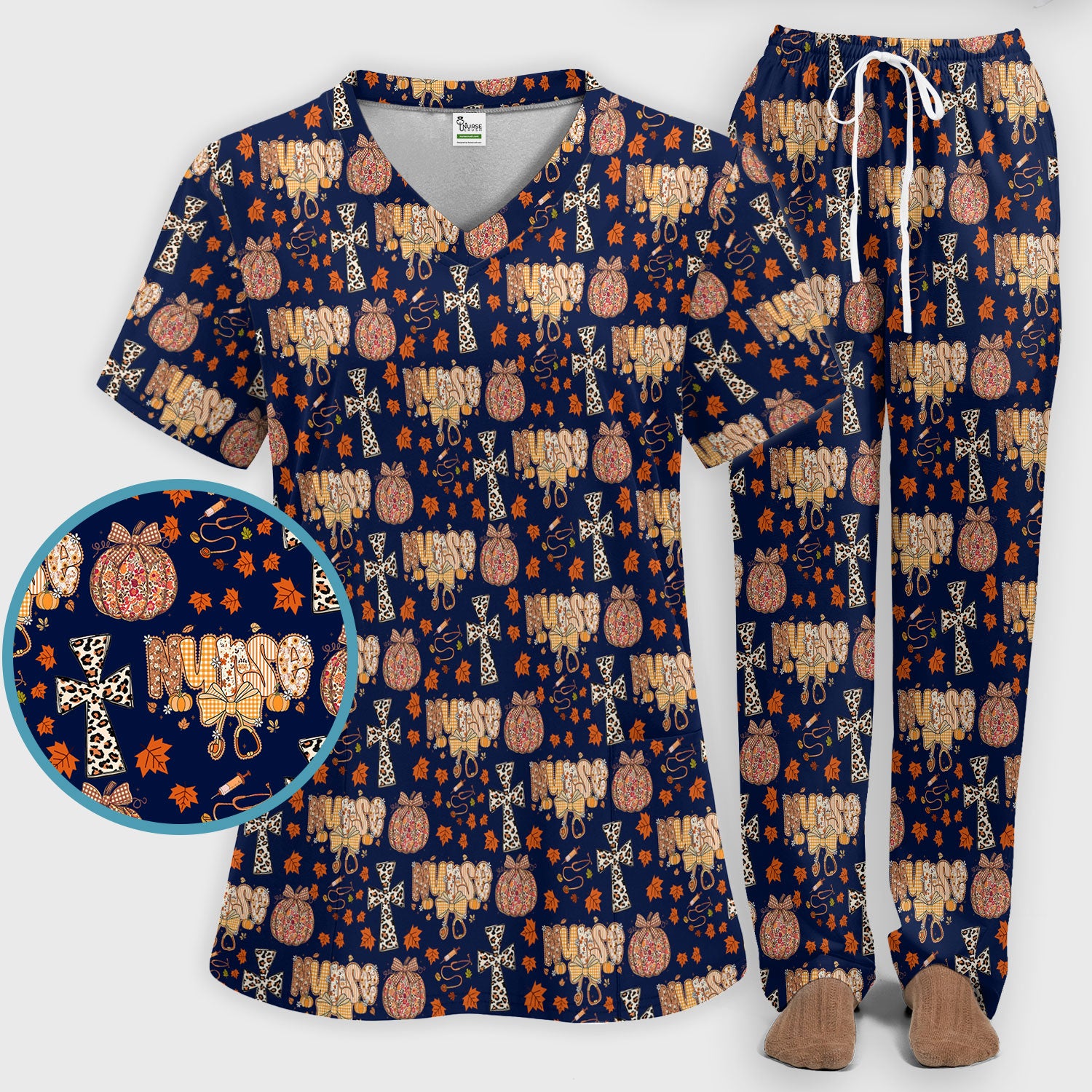 Floral Pumpkin Scrub Set for Women - Coquette Bow Thanksgiving Scrubs Pants and V Neck Top - Comfortable Medical Uniform