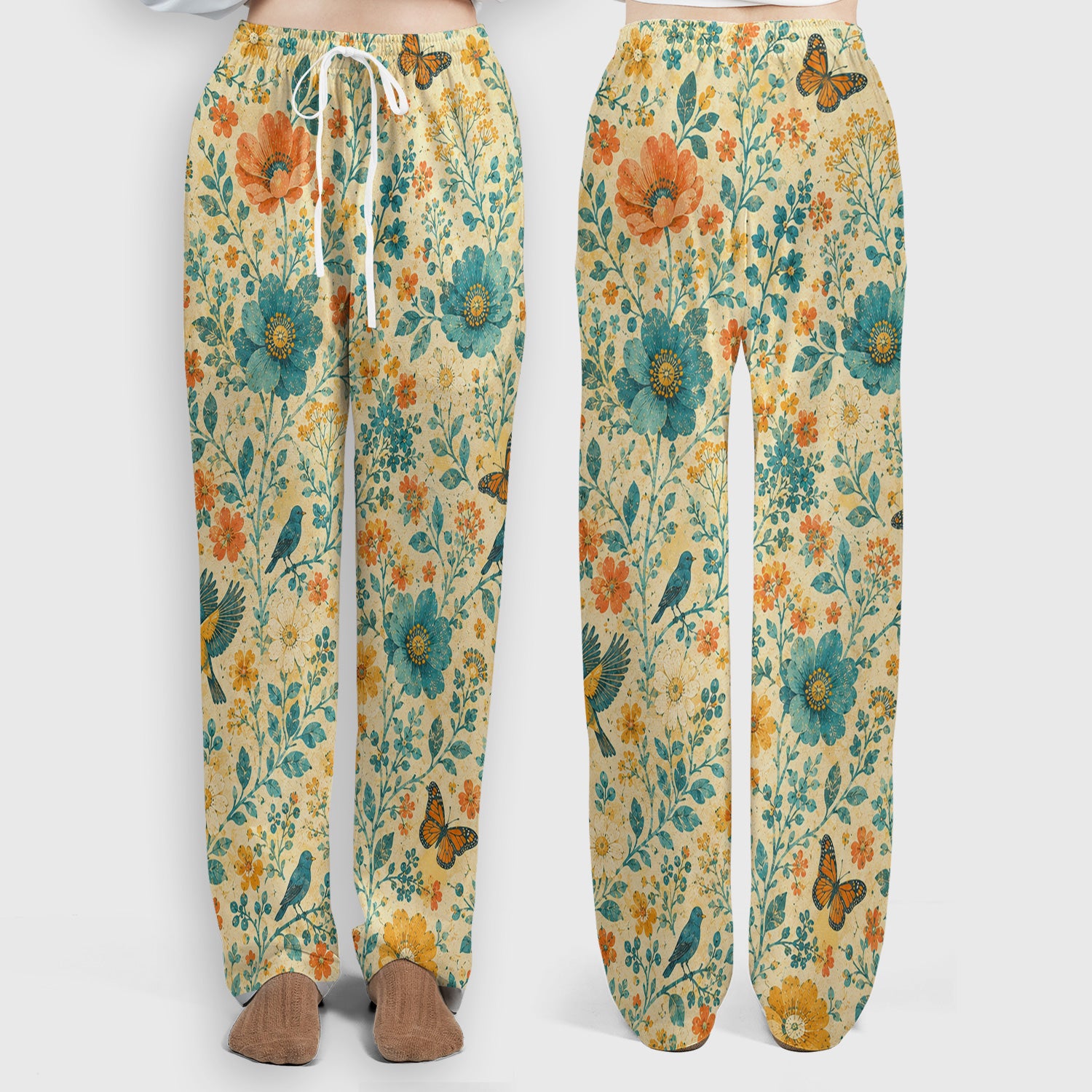 Vintage Floral Bird Butterfly Pattern Scrub Set, Scrub Pants and V Neck Top