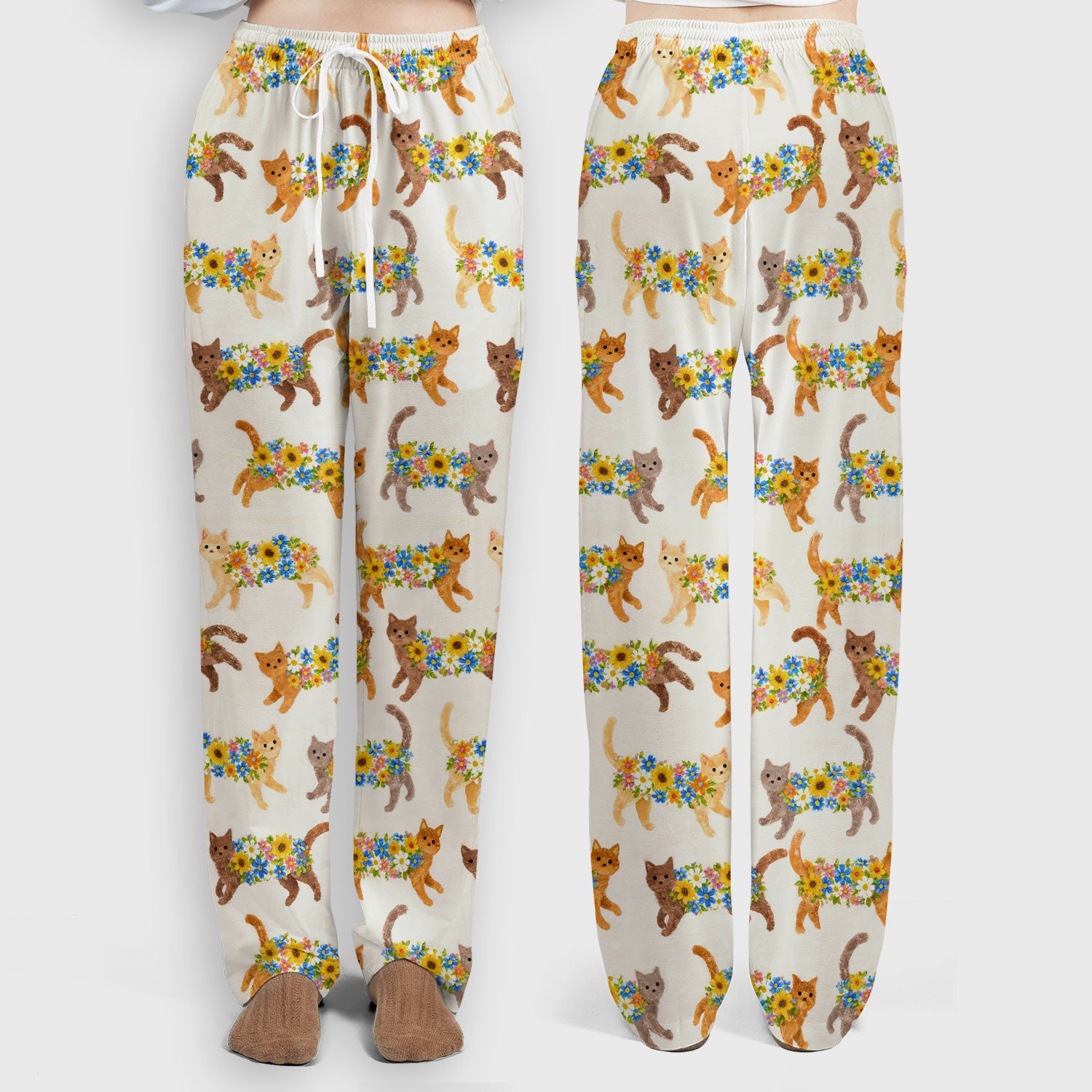 Cute Flower Filled Cat Pattern Scrub Set, Scrub Pants and V Neck Top