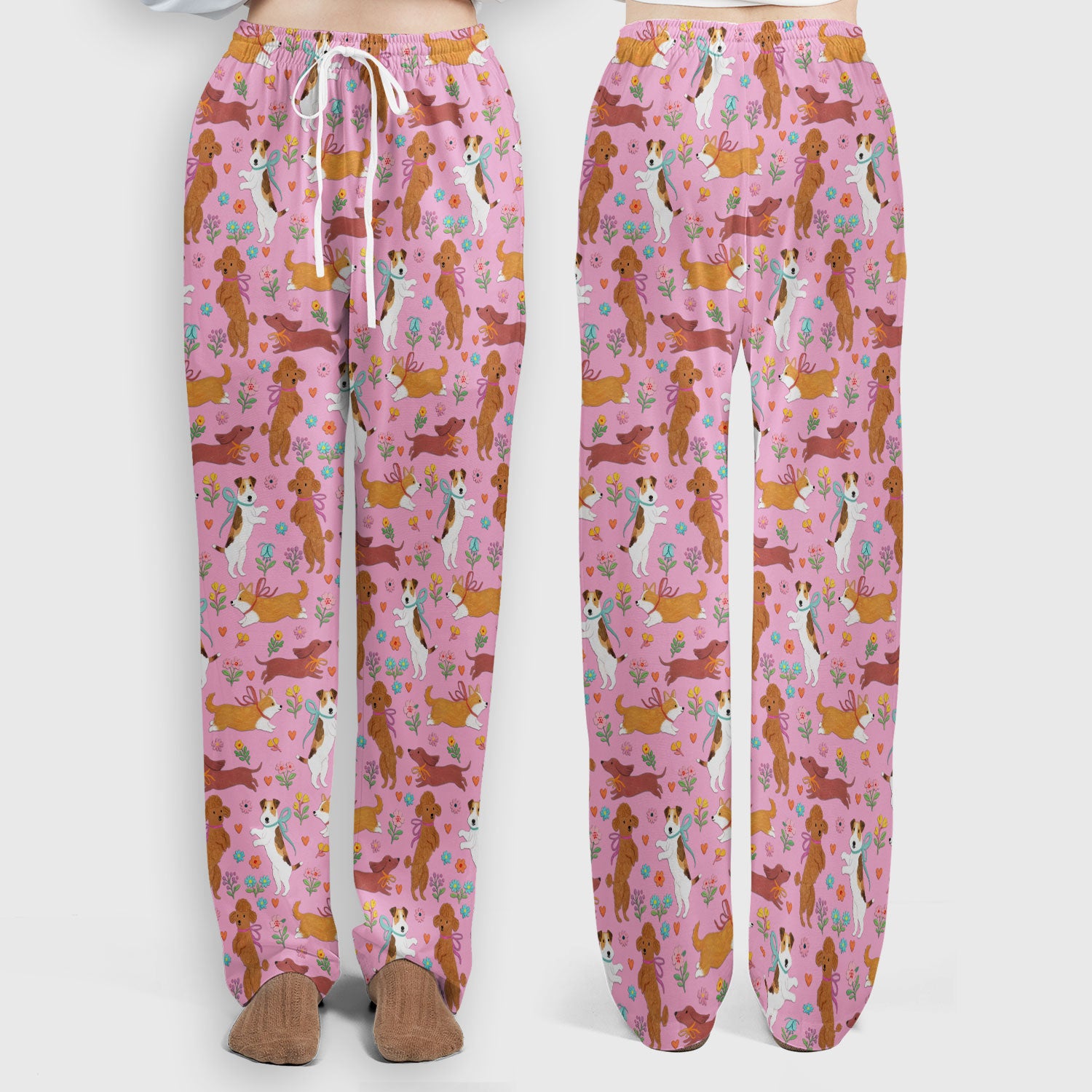 Cute Cartoon Dog Print Women's Scrub Set, Scrub Pants and V Neck Top