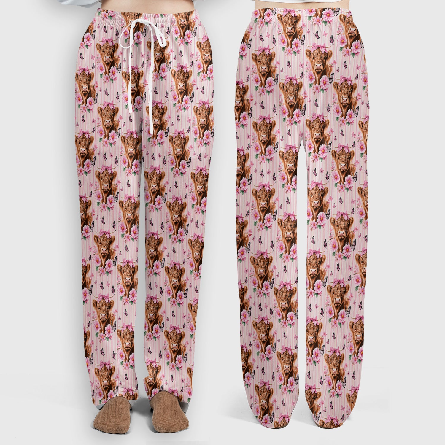 Pink Highland Cow Floral Scrub Set, Scrub Pants and V Neck Top