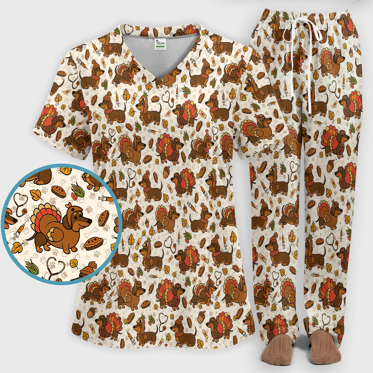 Thanksgiving Wiener Dog Scrub Set - Funny Dachshund Turkey Scrubs Pants and V Neck Top - Fall Winter Gift for Women