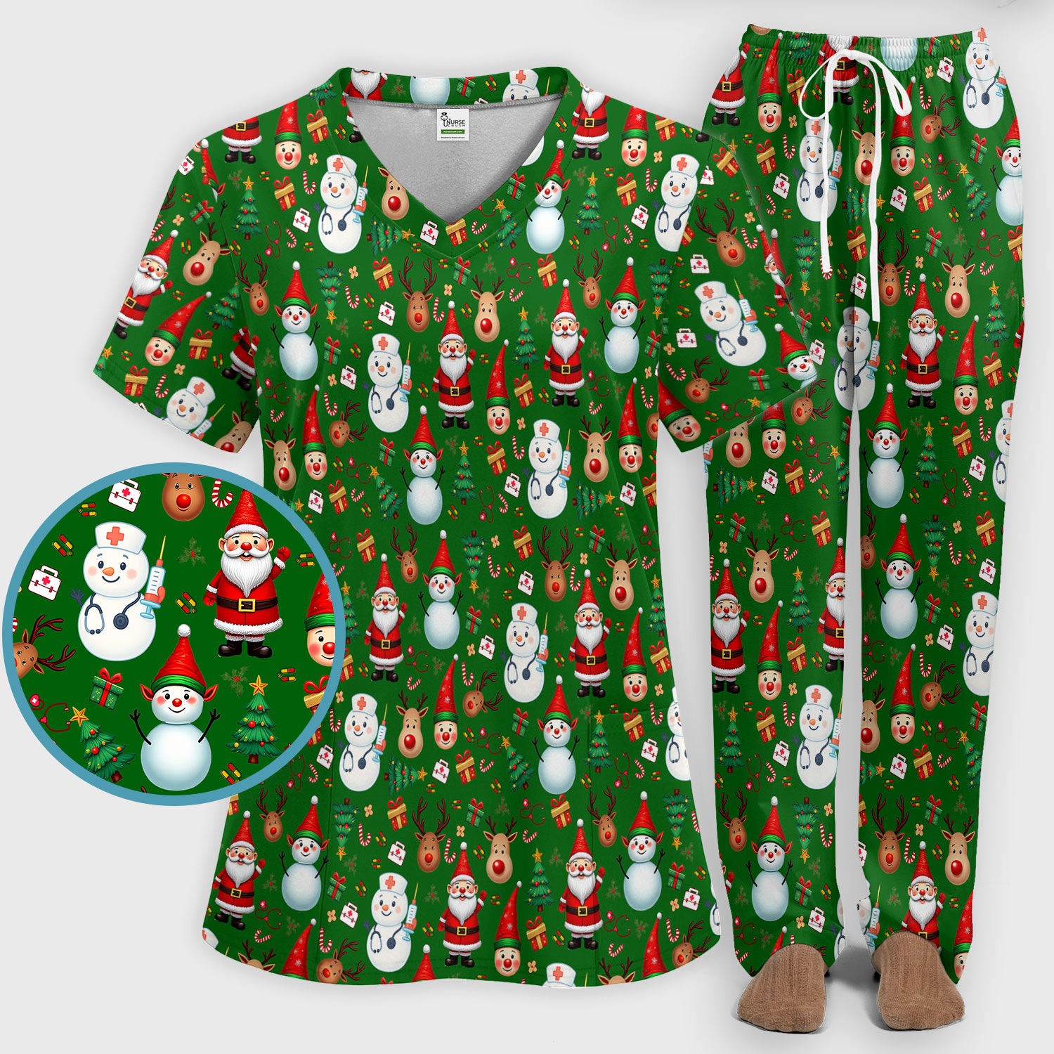 Christmas Nurse Scrub Set - Cute Snowman Santa Reindeer Pattern Medical Uniform - Festive Holiday Scrubs Pants and V Neck Top