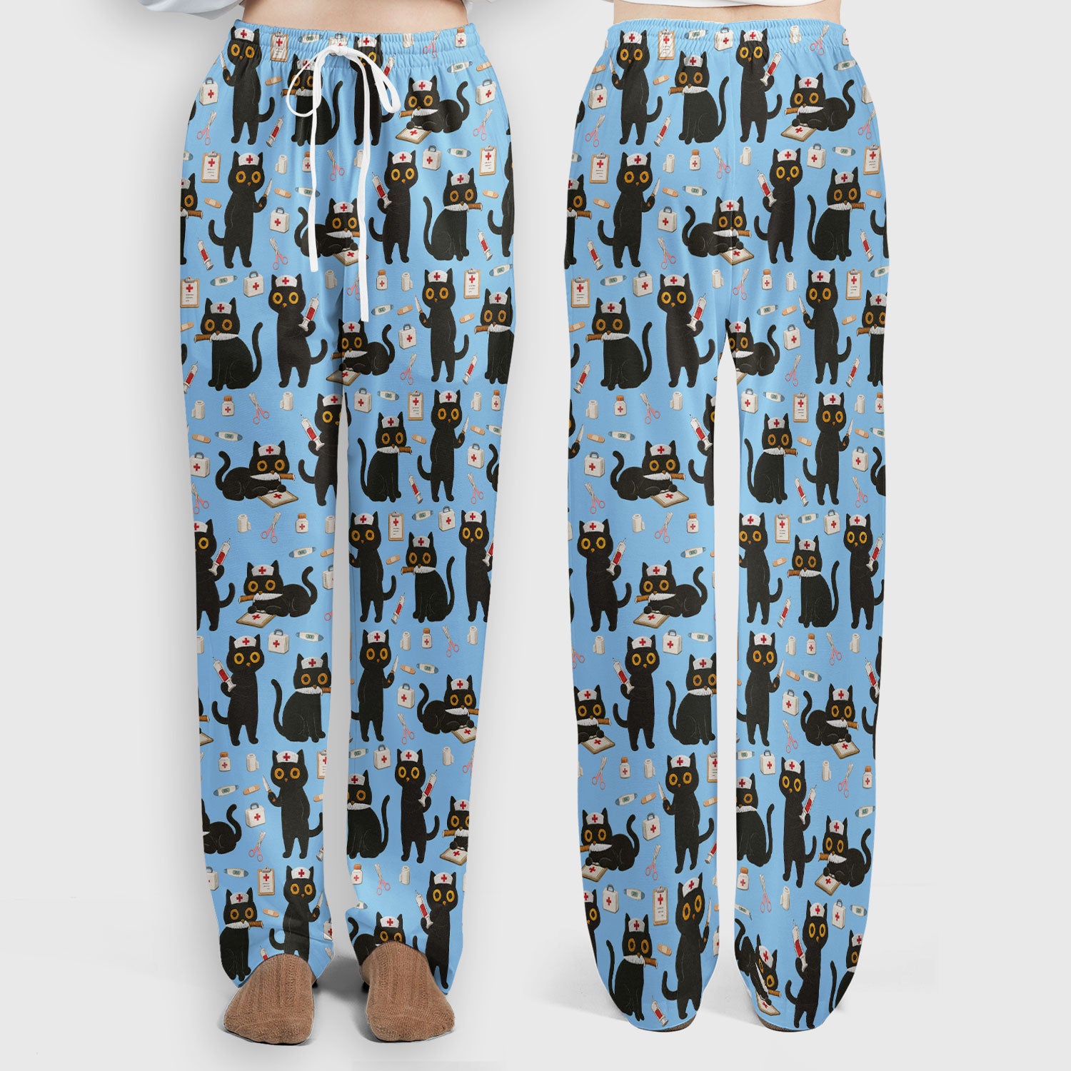 Cute Black Cat Nurse Pattern Women's Scrub Set, Breathable Med Uniform
