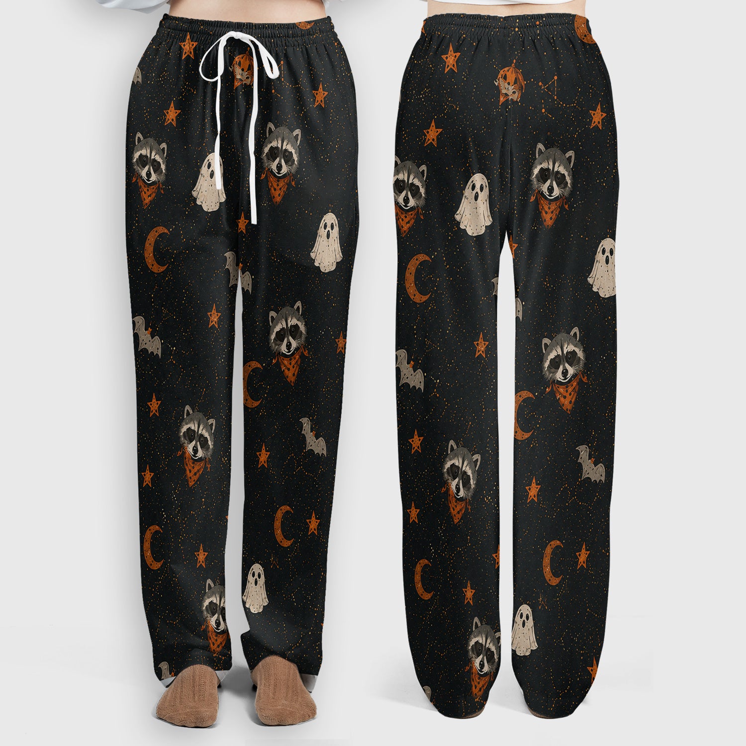 Ghost Pumpkin Raccoon Pattern Scrub Set, Scrub Pants and V Neck Top