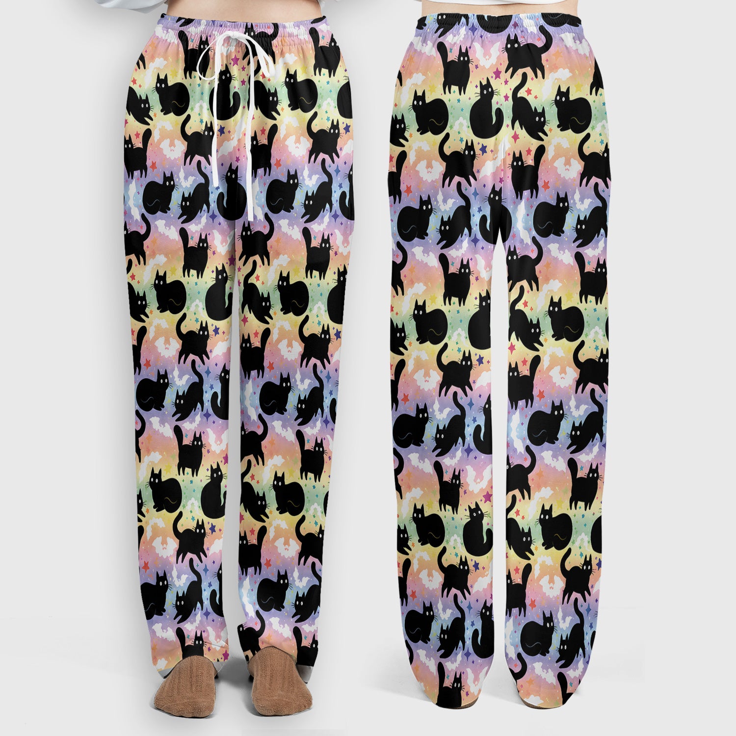 Pastel Star Black Cat Pattern Scrub Set, Scrub Pants and V Neck Top