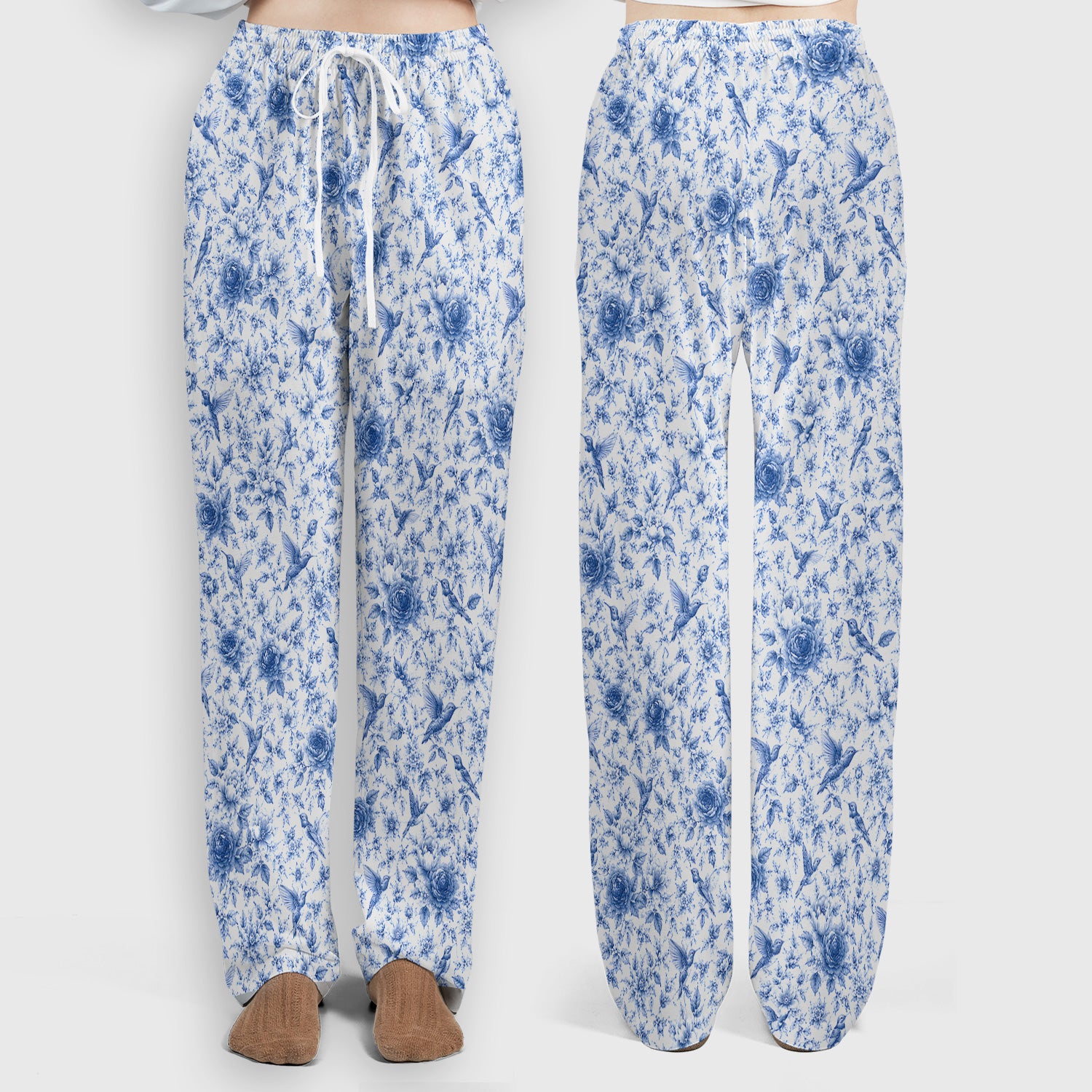 Blue Floral Hummingbird Toile Pattern Scrub Set, Scrub Pants and V Neck Top