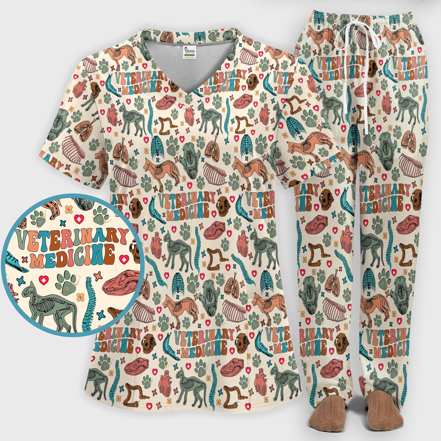 Veterinary Medicine Scrub Set - Cute Animal Anatomy Scrubs Pants and V Neck Top - Fun Vet Tech Nurse Uniform for Women