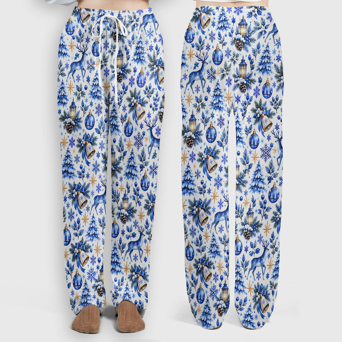 Blue Christmas Reindeer And Winter Trees Scrub Set, Scrub Pants and V Neck Top