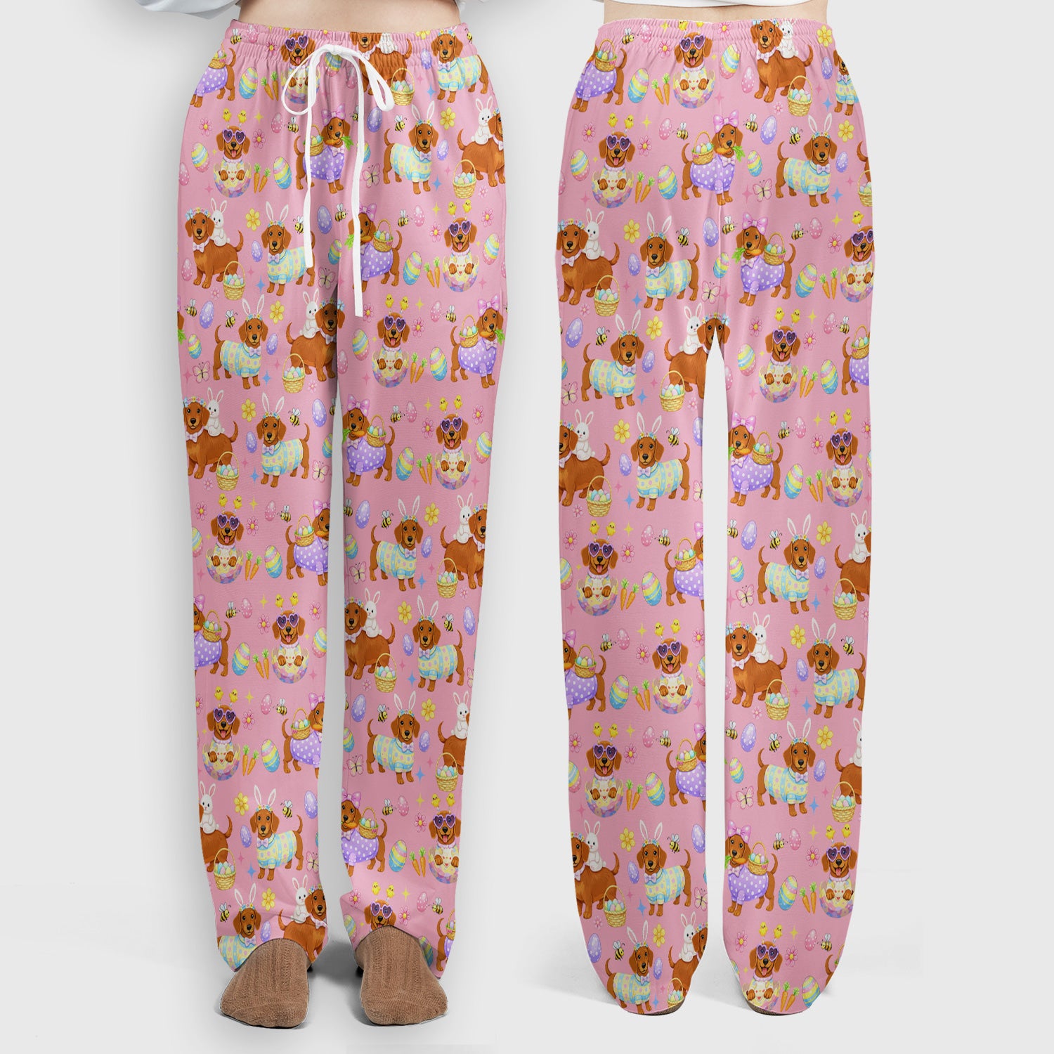 Cute Easter Dachshund Dog Pattern Scrub Set, Scrub Pants and V Neck Top