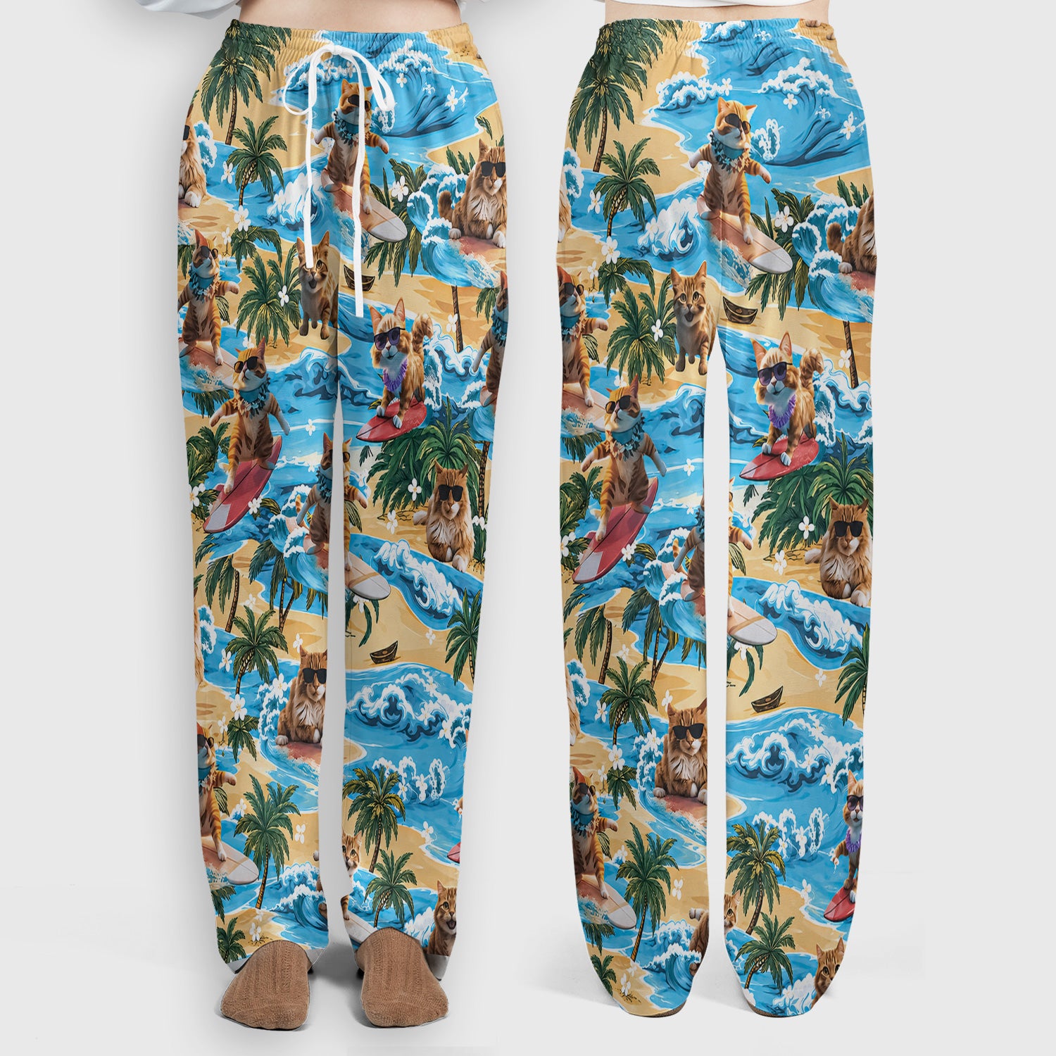 Tropical Surfing Cat with Beach Wave Island Print Scrub Set, Scrub Pants and V Neck Top