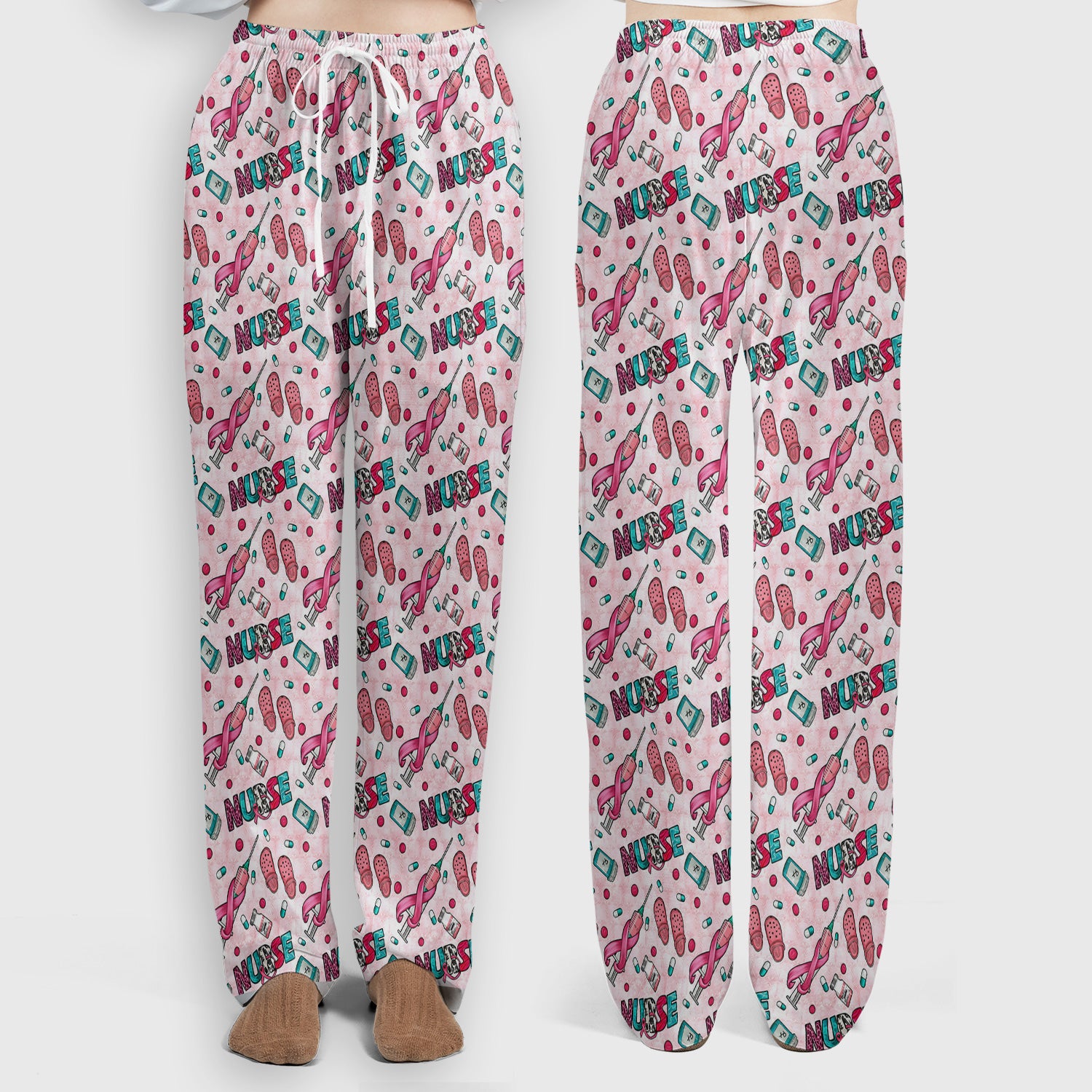 Pink Ribbon with Recovery Print Scrub Set, Scrub Pants and V Neck Top