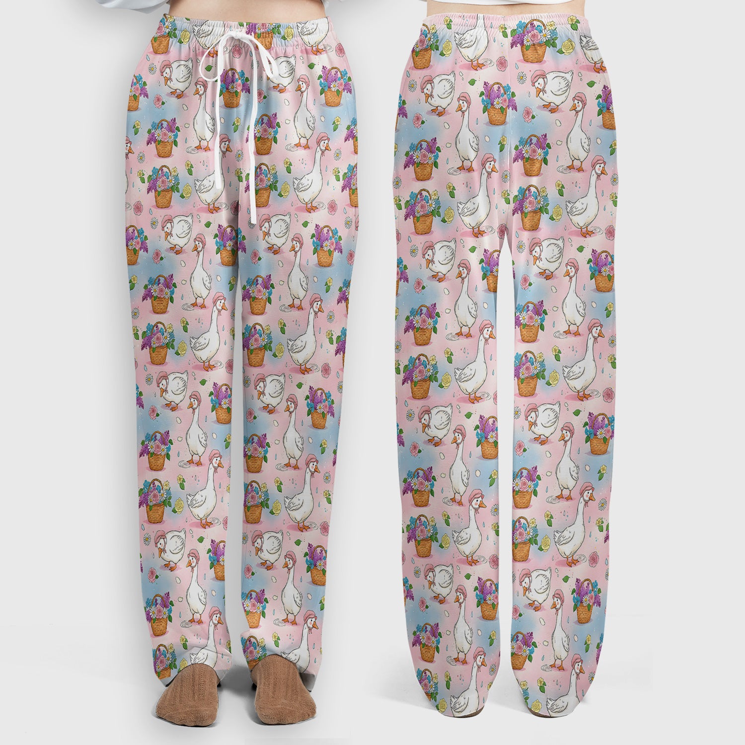 Cute Spring Goose Flower Basket Pattern Scrub Set, Scrub Pants and V Neck Top