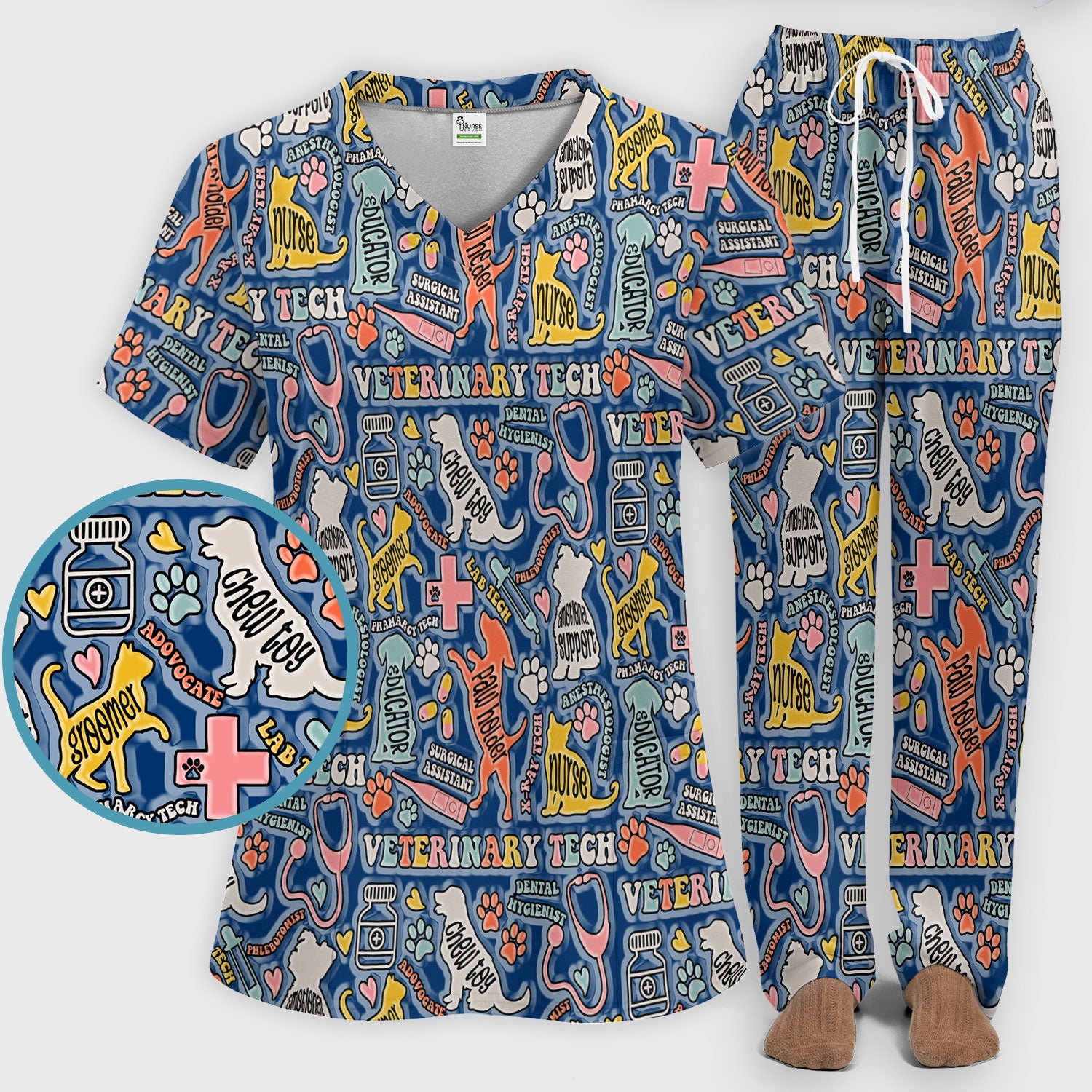 Veterinary Tech Nurse Scrub Set - Dog Cat Pet Scrubs Pants and V Neck Top - Funny Vet Tech Animal Scrubs for Women LPN RN CNA