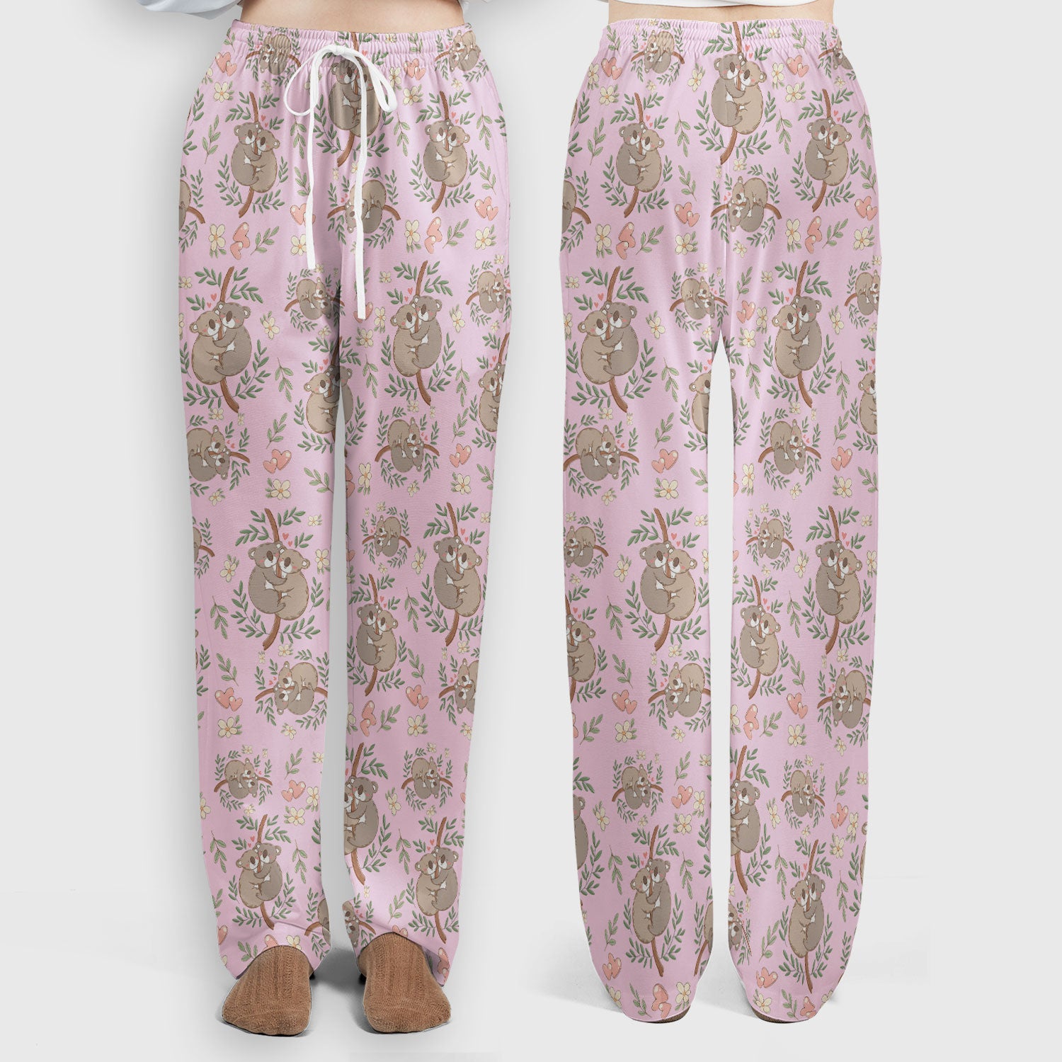Cute Koala Couple Floral Medical Print Scrub Set, Women's Scrub Sets
